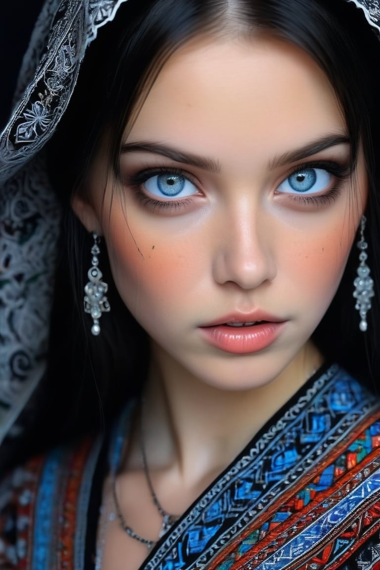 Super detailed, super realistic, beastly,beautiful Nordic girl,
 wears old folk costume, long straight black hair, Yakuts folk costume, beautiful crystal blue eyes, almond eyes, intricate textile decorated with colorful and intricate geometric patterns, arm ornamentation, decorative embroidery.
Beautiful crystal blue eyes, almond eyes, intricate fabrics decorated with colorful and intricate geometric patterns, clothes in earth colors such as White red and green,,aw0k euphoric style, ,perfect likeness of TaisaSDXL,dal
