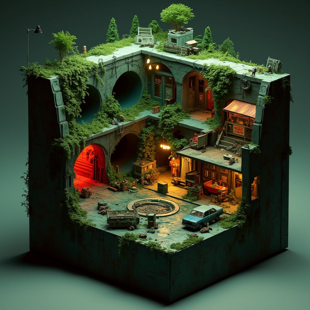 Isometric diorama of post-apocalyptic city, The Last of Us style. Multi-layered 3D cube structure, 30cm wide. Underground sewers with red danger glow. Middle layer: abandoned streets, overturned cars and buses as barricades. Upper level: survivor camp with tents, makeshift gardens. Lush overgrowth, vines covering buildings. Miniature figures of cautious survivors. Detailed graffiti and broken signs. LED lighting effects for underground and night ambiance. Rust and decay textures. Overall green-tinted color scheme. Hyper-detailed, 8K resolution, tilt-shift effect. Photorealistic miniature art style.,noc-isometric