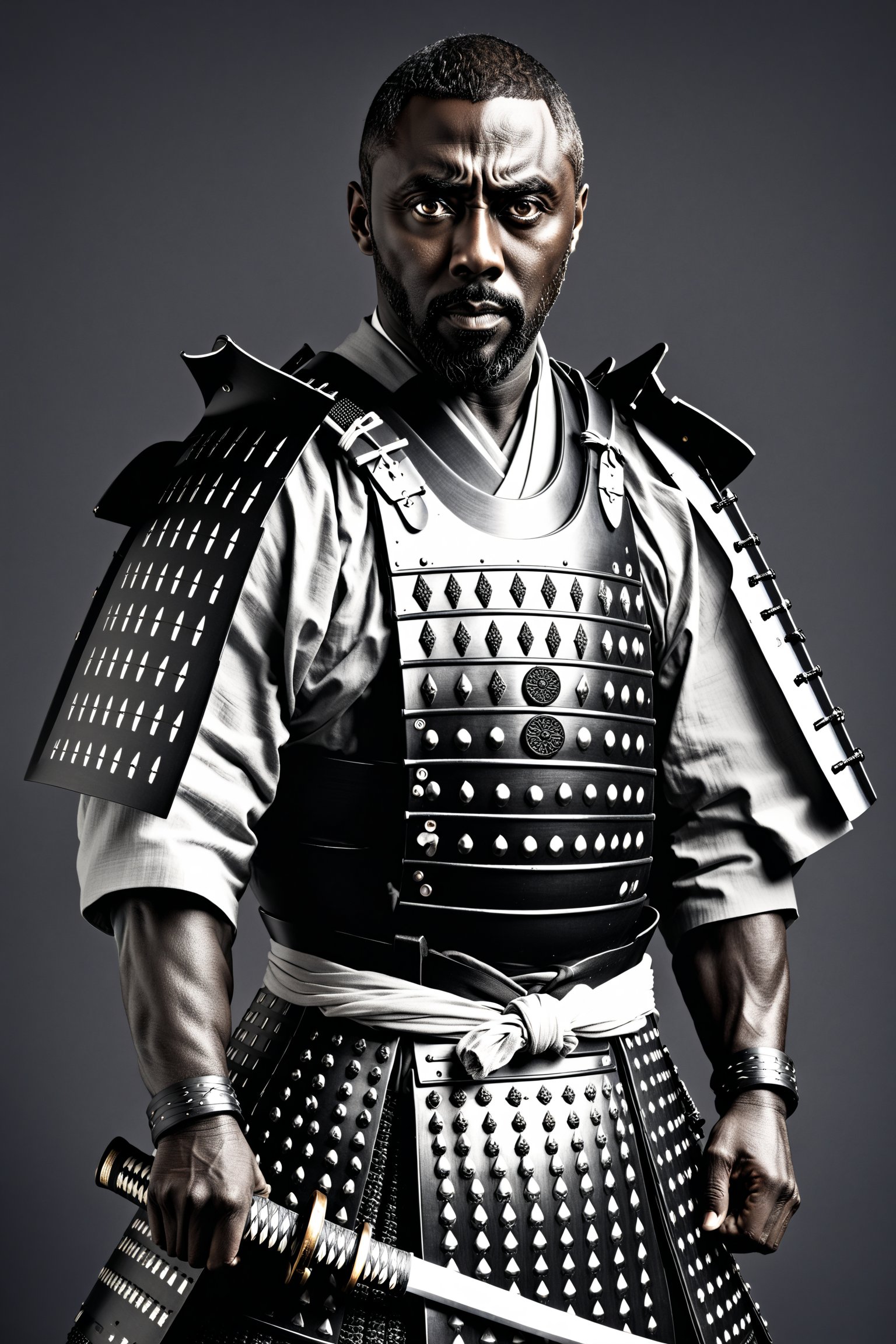 ((1man)),(Idris Elba),Real Photo, monochrome Photo,
, wearing samurai-style armor,mysterious narrow and captivating eyes, traditional Japanese armor reminiscent of a samurai, and a hakama.
Dark skin,, beautiful collarbones,,warrior,samurai,emo,Realistic Blue Eyes,BBM