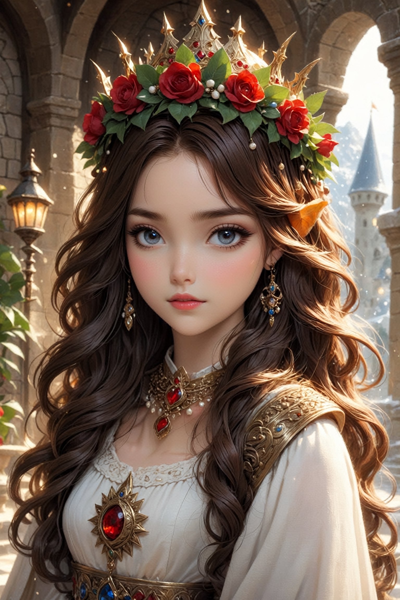 1Little girl, little queen,Wearing elegant blouse, (Sun Goddess Spiked Halo crown :1.2) ,
luxurious hotel, where girl reclines with supernatural elegance,Her alabaster skin and flowing hair contrast beautifully, while her crimson eyes exude mystery. Adorned in elegant attire, 
medieval inn with fantasy themes, featuring a fortress-like exterior adorned with ancient crests. Inside, a courtyard with gardens and a fountain welcomes guests, while the common room boasts a cozy fireplace and tapestries depicting mythical adventures,
,ct-niji2,w1nter res0rt,Christmas Fantasy World