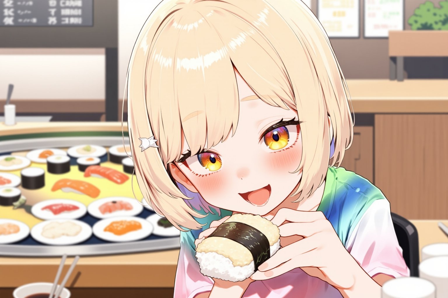 1 girl, cute girl eating nigiri sushi, 8K resolution, photorealistic style. Short blonde hair styled in a trendy bob cut. Bright, expressive eyes wide open with delight. She is wearing a casual, colorful t-shirt, holding a nigiri sushi in one hand, ready to take a bite, mouth slightly open revealing a glimpse of her teeth. Her cheeks are slightly puffed out to express delight. Sitting at the counter of a busy conveyor-belt sushi restaurant. In the background we can see a conveyor belt carrying colorful plates of sushi. On the conveyor we can see plates of nigiri sushi, on the counter we can see a small soy sauce dish and chopsticks. On the wall behind us is a digital menu screen. On the girl's face there is a look of pure delight and anticipation. Focus on the girl and the sushi, the restaurant environment provides context.