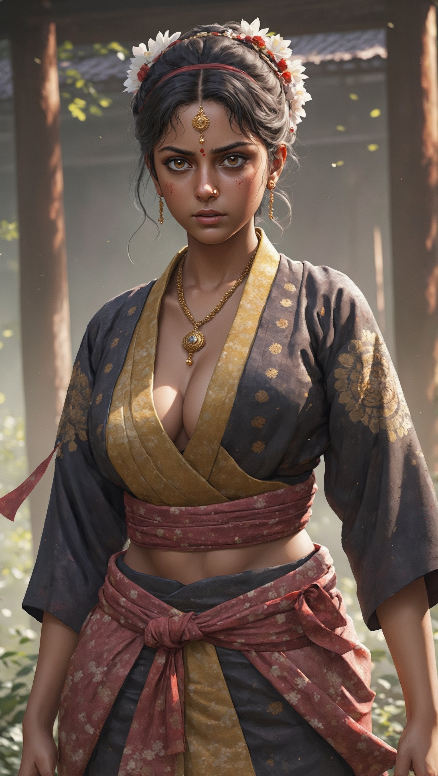 ultra Detailed,Realistic,
Worn and dirty soiled male kimono,dirty skin,bathed blood,
1 beautiful young Girl, handsome and strong Indian Girl,gigantic breast,(Cleavage),(curvy body),dark skin,Chakra,Indian Jewelry,nose piercing,
European style golden necklacs,
Japan Medieval age foreigne,hakama,Japanese style gaiter,fight pose,
,A Mexican  SAMURAI Girl who has fought on the battlefield for a long time and considers the honor of a samurai to be his first priority,