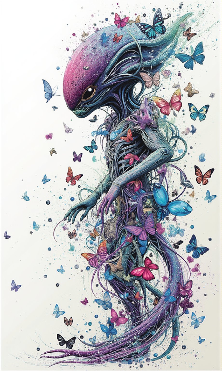 ""Design an alien figure composed entirely of countless colorful and translucent butterflies. The body has a humanoid shape, but the butterflies form a fluid, ever-shifting outline, as if the being is constantly in motion. The butterflies come in various vivid hues like blues, pinks, purples, and greens, their wings shimmering with an ethereal glow. Some butterflies appear more transparent than others, giving the alien a ghostly, otherworldly look. The overall appearance is both mesmerizing and unsettling, with the butterflies occasionally breaking away from the form and fluttering around.",Japanese pattern,by_M_T_Ross