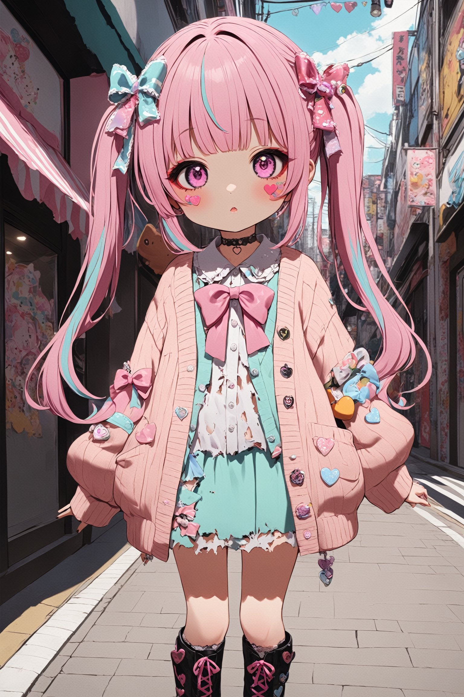 1girl,ultra Realistic,
Harajuku Style grunge fashion with kawaii and Lolita themes. She wears a distressed pastel dress with lace, an oversized torn cardigan, and chunky Combat boots, Her pastel-streaked pigtails are adorned with bows and clips, and her makeup features glitter and heart-shaped stickers. She stands in a vibrant Harajuku street, blending sweetness with a rebellious edge.,Ground Mine Girl