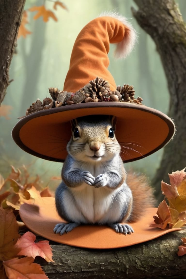 From beneath the brim of the witch's hat, a cute wild squirrel peeks out, its tiny face framed by the hat's enchanting adornments. With bright, curious eyes and twitching whiskers, it adds a whimsical touch to the mystical scene, embodying the playful spirit of nature amidst the magic of the witch's hat.,a1sw-InkyCapWitch