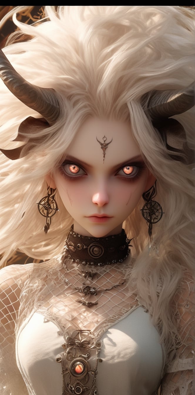 1 girl, (masterful), albino demon girl with lethargic sleepy smokey eyes,(white dreadlocks hair),((slit pupil eyes)),mesh fishnet blouse, (long intricate horns:1.2) ,
best quality, highest quality, extremely detailed CG unity 8k wallpaper, detailed and intricate, 
,steampunk style,Glass Elements