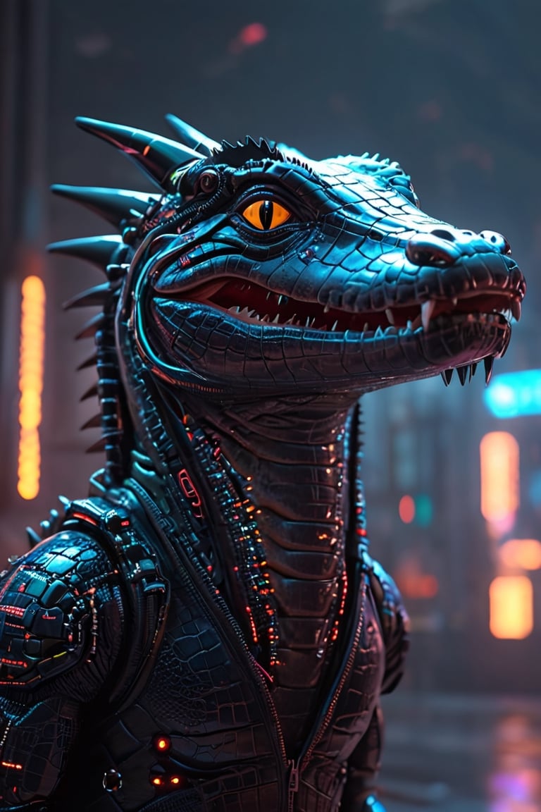 Visualize a cyberpunk-style alligator, with its mouth sealed shut by a zipper. Its metallic jaws are adorned with intricate circuitry and glowing neon accents, giving it a futuristic and menacing appearance. The zipper, made of sleek,future.,alien,nocturne,circuitboard,Animal Verse Ultrarealistic ,bokeh