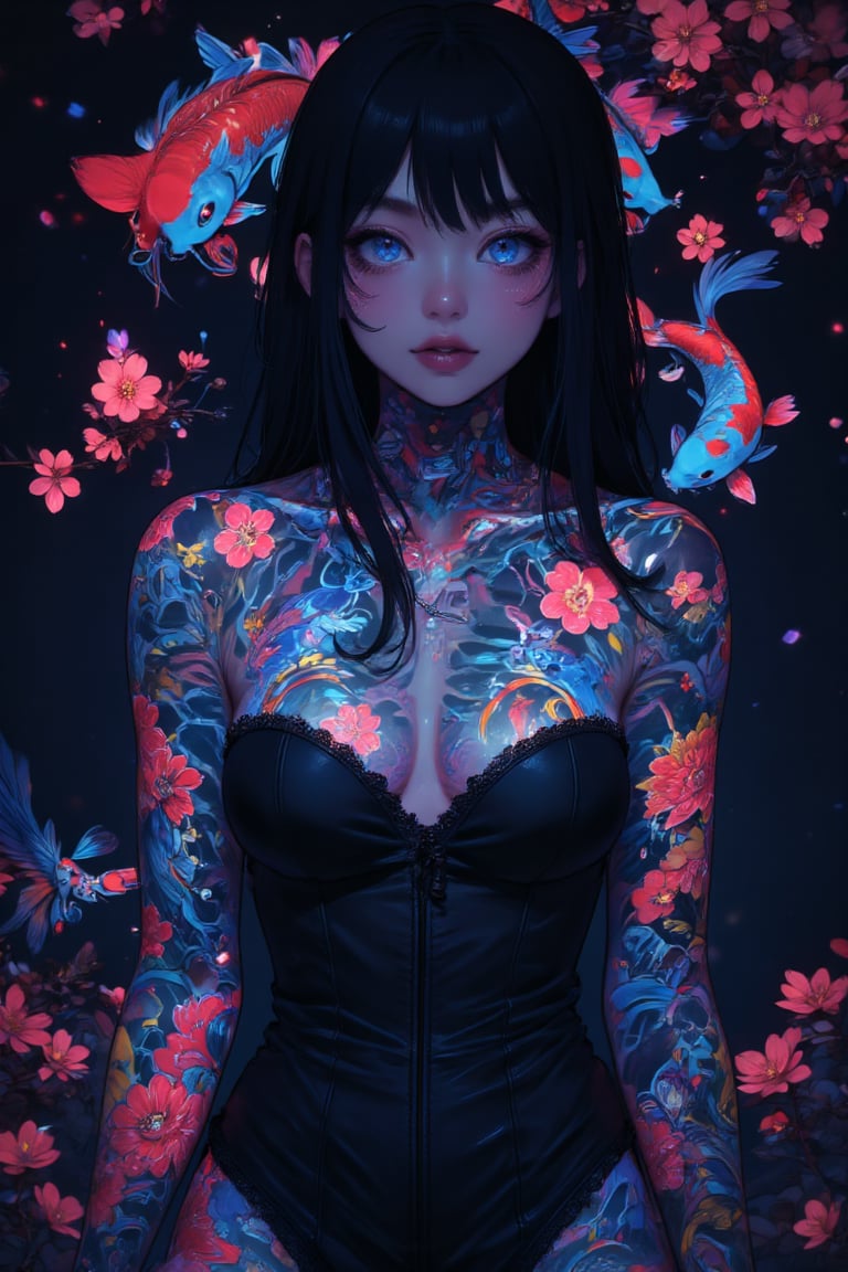 1 girl, gothic emo girl, long black hair and piercing blue eyes, sickly white skin, nose piercing, she wears a black lace corset, luminous body tattoos, Japanese tattoos, red cherry blossoms on her skin and blue koi fish intertwine across her body covered in glowing cyber tattoos with Japanese motifs,background highlighting the brightly glowing tattoos of neon blue and red backlighting, highly detailed,ct-identity,tron legacy style,glowingstyle,Midjourney_Whisper,TattooMale