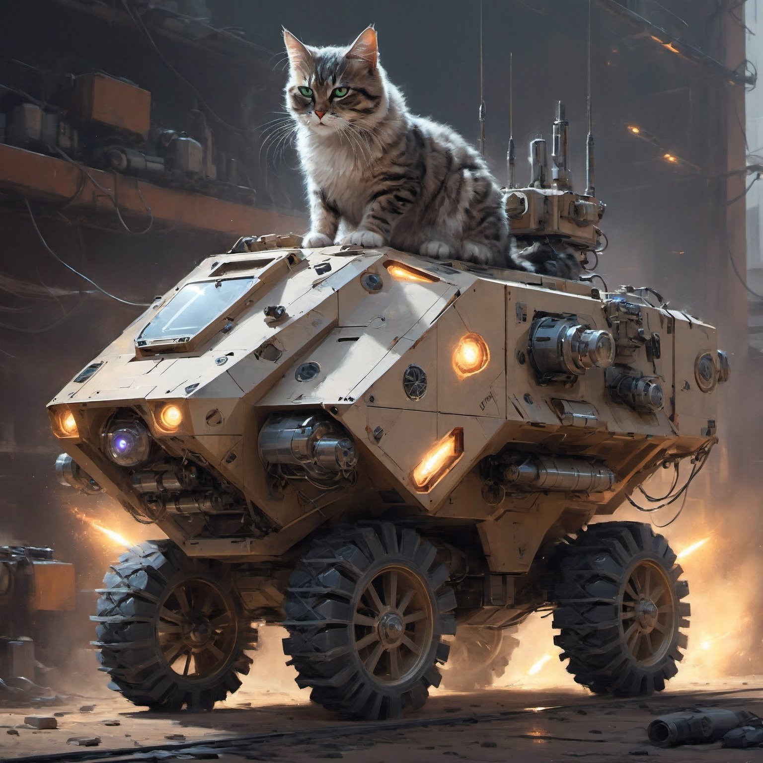  futuristic Design vehicles cat,gigantic  transportation cat, exploring innovative designs,artillery, sparks, racks, system unit,sharp focus, emitting diodes, smoke,   artstation hyperrealism painting, ,aw0k cat