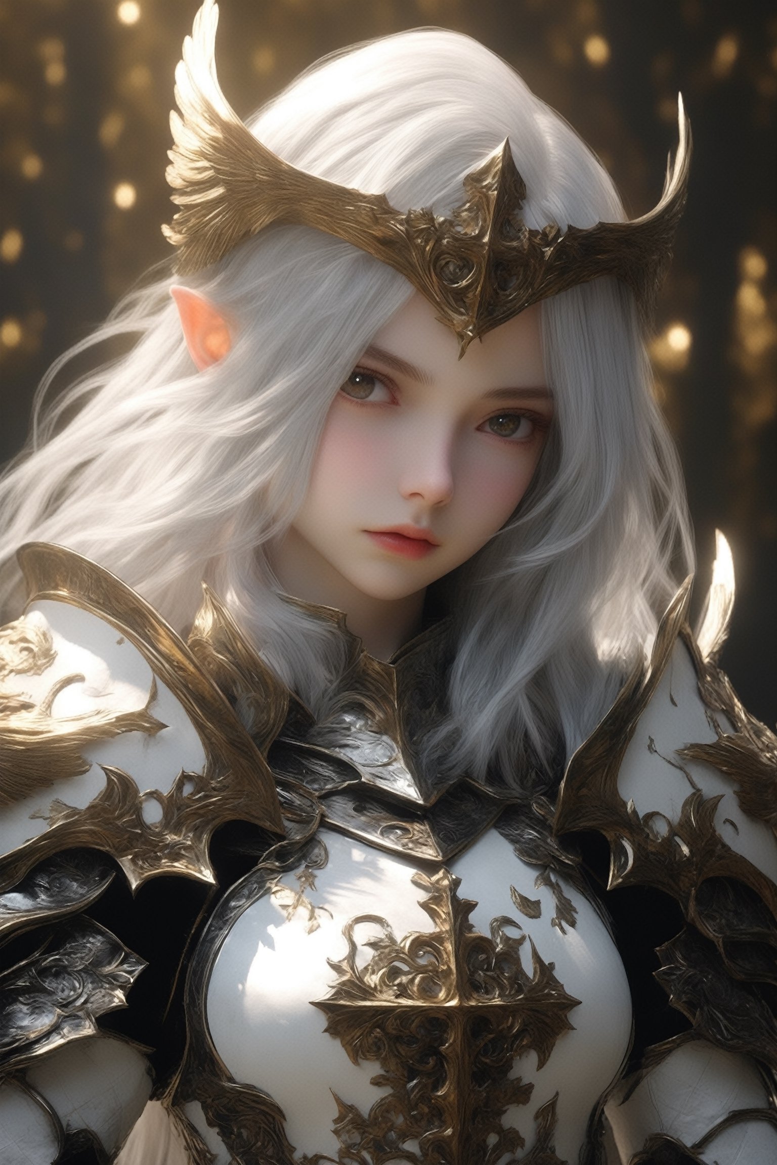 ultra Realistic,Extreme detailed,
1 girl, (masterful),((albino drow angel girl)),silver hair, slit pupil eyes,
girl Wearing Medieval black Knight Armor,Gold carved full plate Armor,
 best quality, highest quality, extremely detailed CG unity 8k wallpaper, ,ExStyle