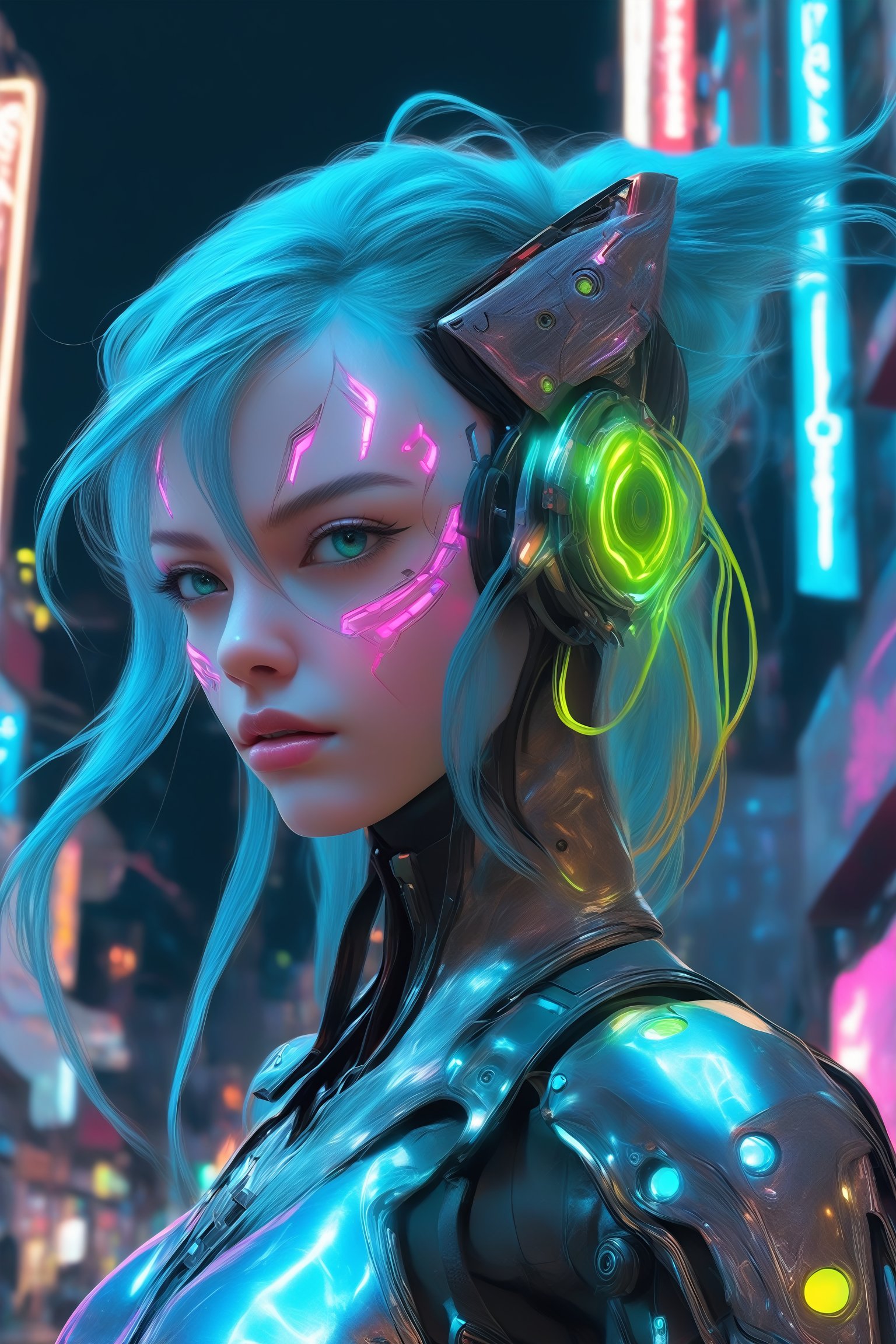 1girl,cyberpunk elf girl,She has sleek metallic armor with neon-lit circuits and glowing interfaces, Her pointed ears feature high-tech devices, and her eyes emit a soft, luminescent glow, enhanced with augmented reality overlays. Vibrant, electric-colored hair flows down her back, intertwined with fiber-optic strands that pulse with data. She wears a fitted, futuristic bodysuit with intricate, glowing patterns, and her cybernetic limbs are equipped with advanced weaponry and tools. She moves through a neon-drenched urban landscape, blending organic grace and technological sophistication, embodying the essence of a cyberpunk elf.,xl_cpscavred,txznmec,racingmiku2022