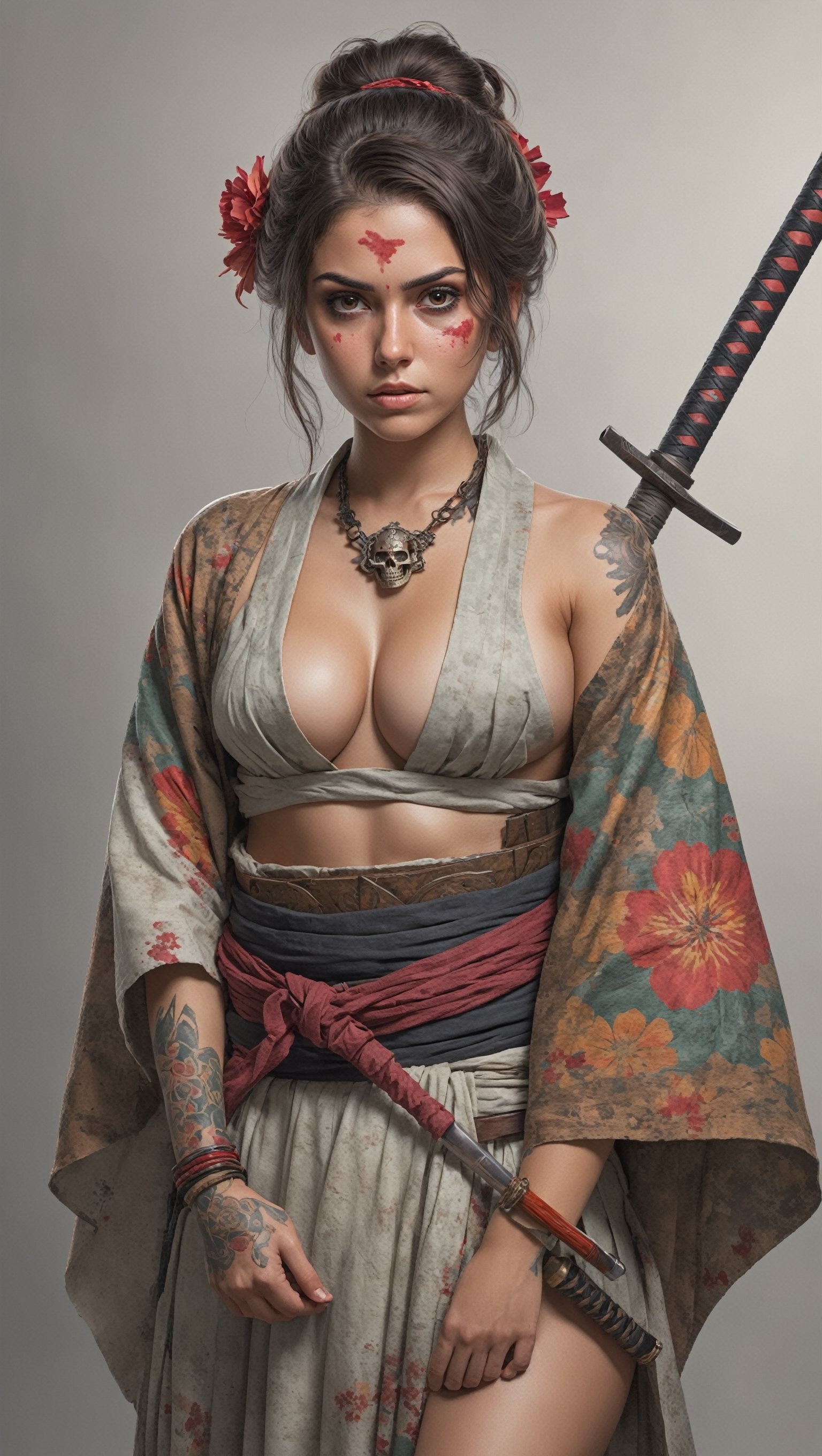 ultra Detailed,Realistic,
Worn and dirty soiled male kimono,one Katana in scabbard  at waist,dirty skin,bathed blood,
1 beautiful young Girl, handsome and strong Mexican Girl,gigantic breast,(Cleavage),tan skin,curvy body,(Maya TRIBAL pattern skull Tattoos),
necklace,Holding blowgun,(colorful poncho),
Japan Medieval age foreigne,hakama,Japanese style gaiter,fight pose,
,A Mexican  SAMURAI Girl who has fought on the battlefield for a long time and considers the honor of a samurai to be his first priority,