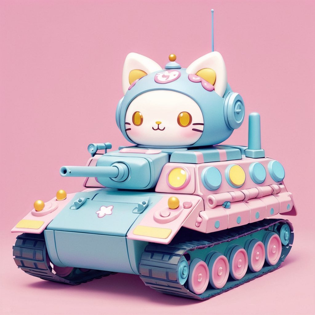 featuring a small Military Kawai tank designed in the Sanrio character style, adorned with fanciful colors. Envision a delightful and whimsical tank with charming details, drawing inspiration from the playful aesthetic of Sanrio characters. Incorporate vibrant pastel hues and cute elements, ensuring the tank exudes a sense of both charm and fantasy. Aim for a composition that captures the essence of Sanrio's signature style while transforming a military vehicle into an adorable and fanciful creation.",kawaiitech