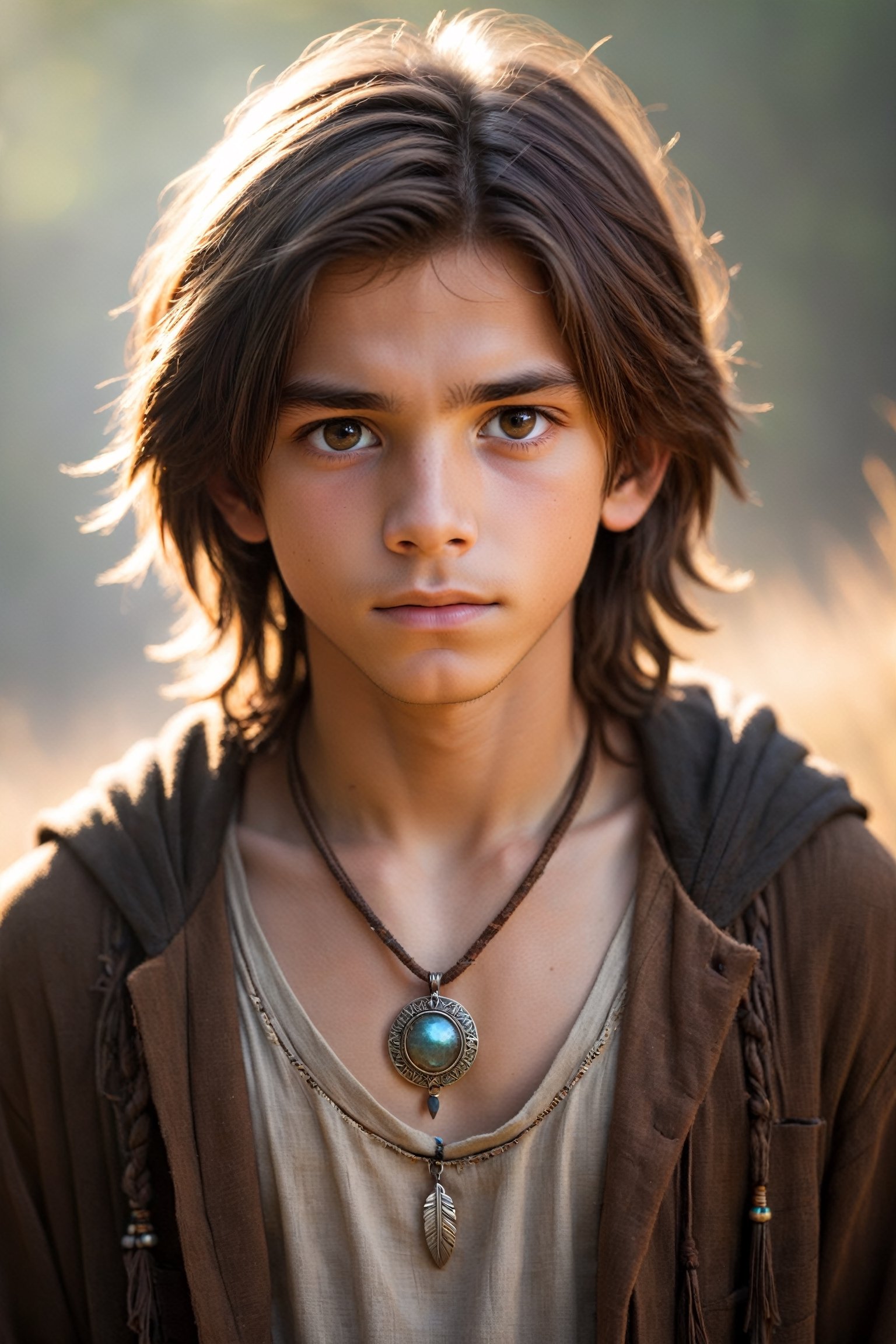 ((Bokeh:1.5)),((Soft focus:1.5)),(Fog),((blur)),(Lens Flare),
beautiful boy,Atreyu,16 years old,Half Caucasian boy
,Brown long center part hair,Beautiful Earth Eyes,Depth and Dimension in the Pupils, 
Native American Style Rustic Clothing,brown clothes,aurin pendant,((show one's chest and stomach:1.5)),abmhandsomeguy