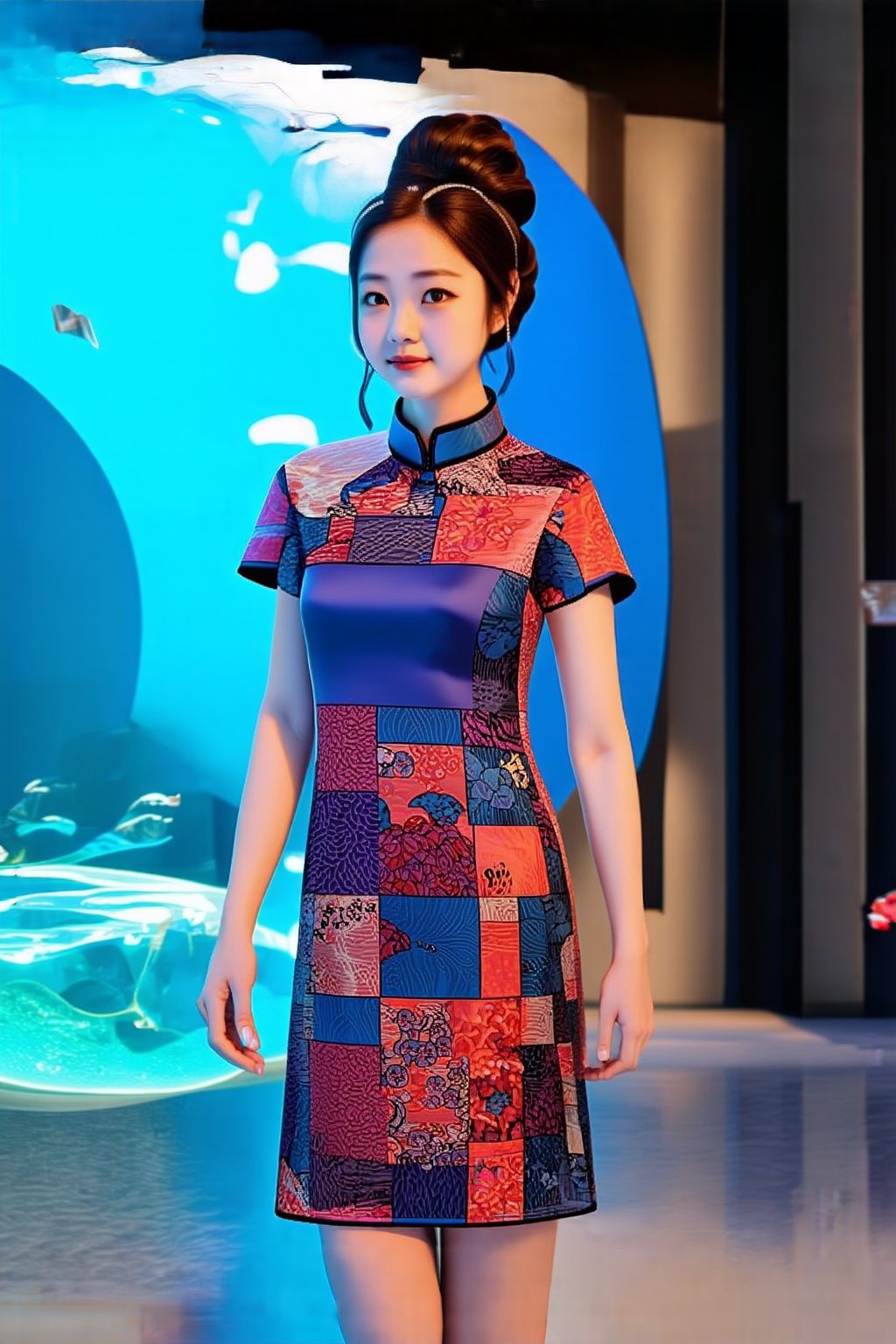 1girl,Young woman, in modern Guochao (Chinese national trend) fashion, standing before a giant aquarium, She wears a chic qipao dress with contemporary patterns, mixing traditional Chinese elements and pop art. Her hair is styled in a modern updo with decorative hairpins. The dress features vibrant colors and sleek cut, blending traditional silhouettes with street style aesthetics. I