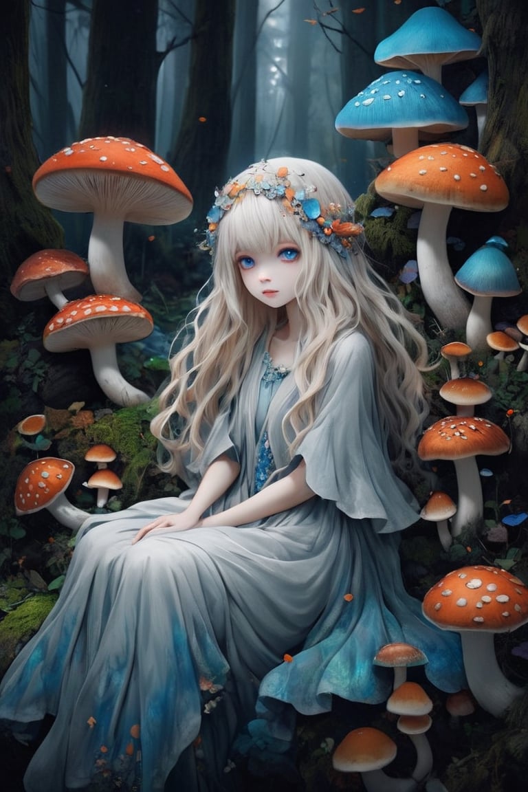 albino mushroom girl, stands amidst the tranquility. Adorned with soft, pale-colored petals resembling mushroom caps and delicate mycelium cascading from her hair, she exudes ethereal beauty. Her eyes, silver or pale blue, convey mystery and wonder as she moves gracefully through the enchanted landscape. Surrounded by vibrant colors and playful woodland creatures, she embodies the magic and wonder of nature's hidden treasures.",mushroomz,dal