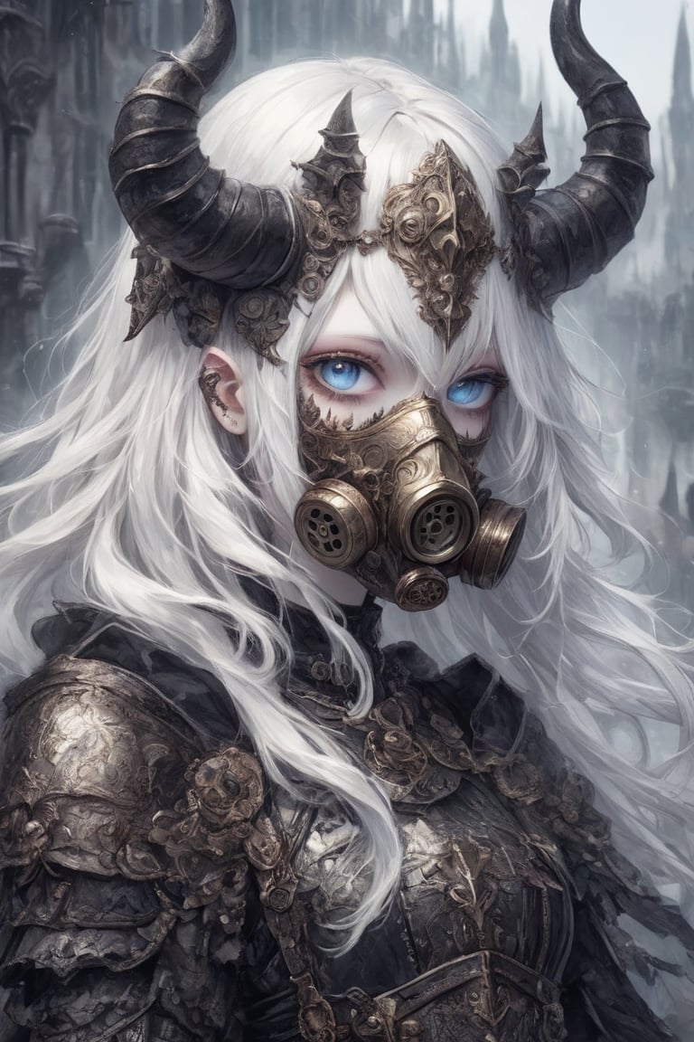 1 girl, (masterful), blur, black_hair, albino demon girl,beauty blue eyes,Intricate Iris Details,heterochromia_iridis,(Gothic style gas mask),(long intricate horns:1.2) ,pure white hair,Wearing Medieval black Knight Armor,Gold carved full plate Armor,
best quality, highest quality, extremely detailed CG unity 8k wallpaper, detailed and intricate, 
,steampunk style,perfecteyes,Christmas Fantasy World,dal