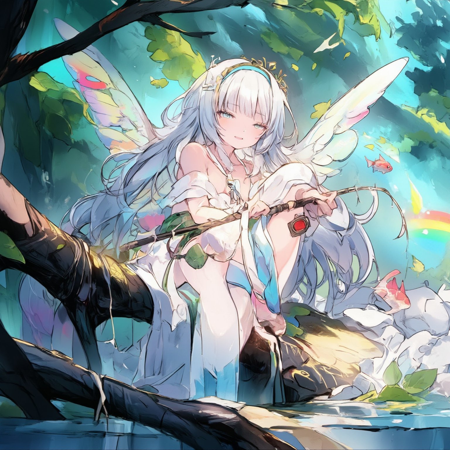 1 girl, an anime illustration, a fairy with long flowing hair and colorful wings, happily fishing for fish while sitting on a tree branch, a vibrant environment with swirling water and floating leaves, fantasy background, the fairy is holding a fishing rod, blending natural and fantastic elements, creating a unique visual style, soft pastel colors and fantastic atmosphere, rainbow, Made in Abyss manga, ink style,niji