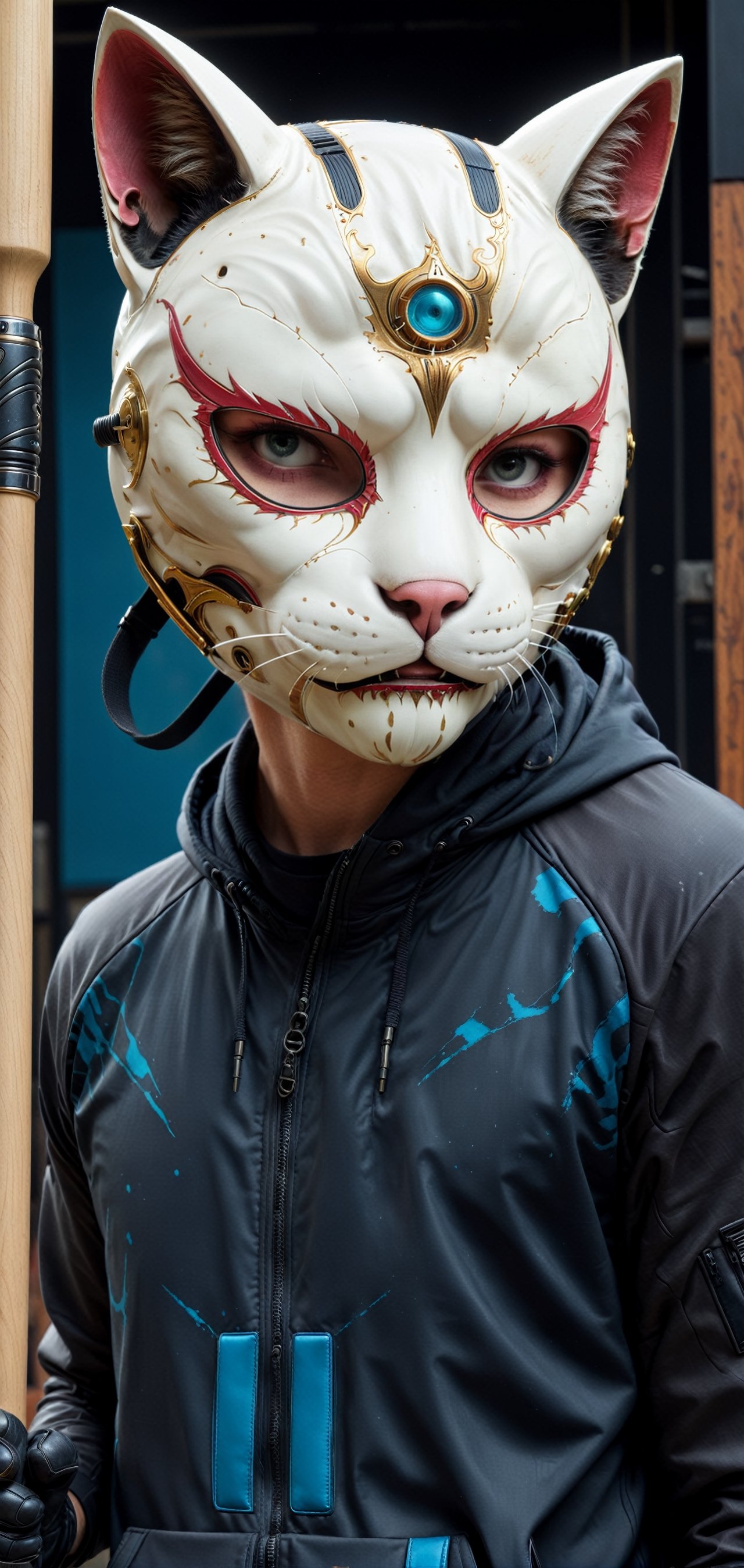 extremely detailed, hyper realistic, Cinmatic,
(Wearing ultra detailed cat MASK:1.5),standing under mooligh, More Detail, ultrarealism, cinematic, ultra high definition,holding baseball bat,
hyper realistic,Cyberpunk,demonictech,mor detail XL,Cybermask,Extremely Realistic