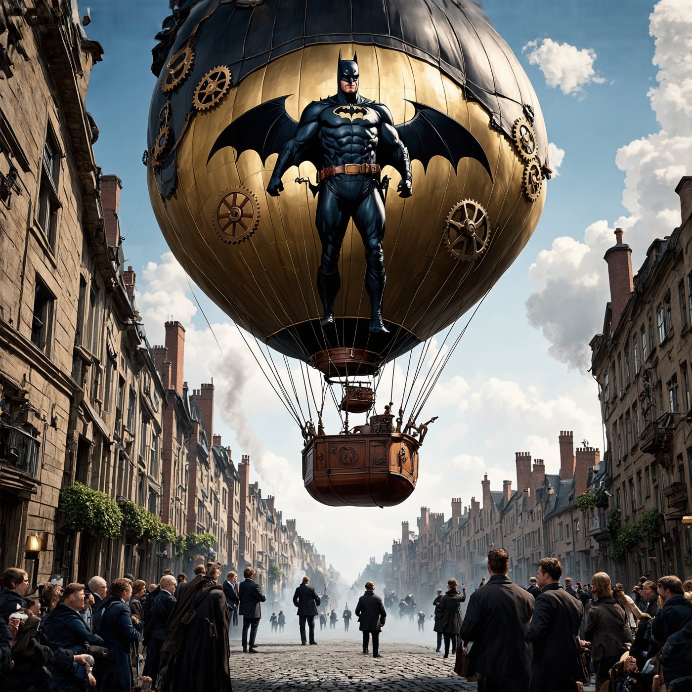 Massive steampunk-style hot air balloon, floating above a Victorian cityscap, The balloon's envelope features a larger-than-life print of Batman, in steampunk attire, His costume incorporates brass gears, leather straps, and a clockwork utility belt. The Bat symbol is reimagined with cogwheels. The balloon's gondola resembles a miniature Batcave with steam-powered gadgets. Brass pipes and valves adorn the balloon's surface. Smoke billows from small chimneys. Curious onlookers point from cobblestone streets below,ek_ani_b00ster