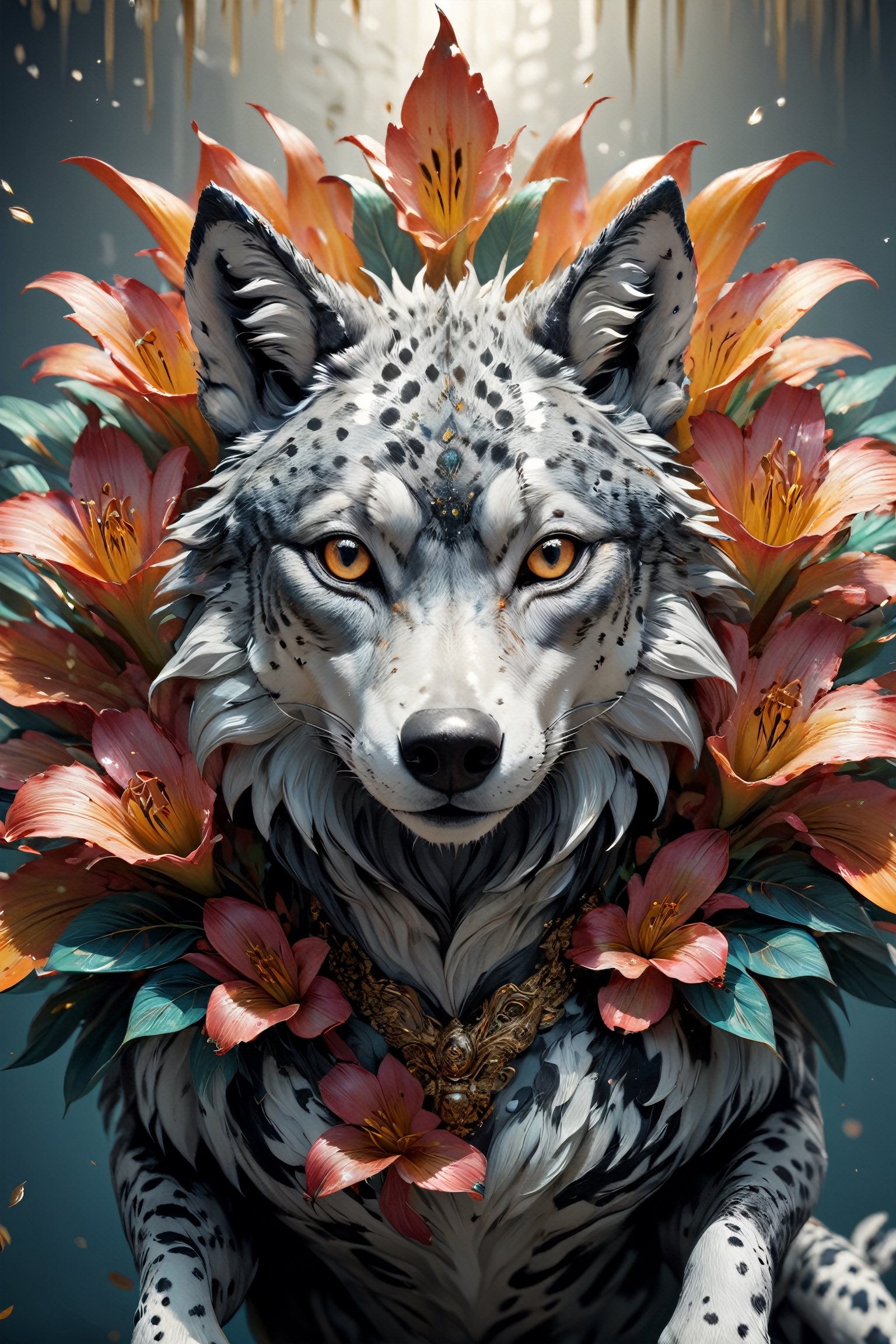 Animal close up portrait, Chaotic black and white patterns, asymmetrical silhouettes, (Ultra High Definition), (Ultra-Realistic 8k CG),colorful sea‐lily,
1Wolf,decorated with gold, tattered ,detailed,in Velvet Room,Acidmelt,colorful,anthro