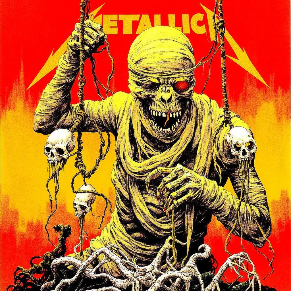 ("Metallica" logo mark at the top of the screen), heavy metal art,dark fantasy illustration, grotesque mummy skull, intricate bandages, one glowing eye, detailed skeleton puppeteer, red fiery background, ink drawing style, fine line work, stippled shading, yellow and white color palette, contrast with black shadows, macabre artwork, Japanese ukiyo-e influence, horror manga aesthetic, decaying flesh textures, surreal composition, dangling smaller skeletons, eyeballs as motif, organic branching patterns, wrapping tendrils, tooth details, torn fabric effects, gritty texture overlay, orange and black color scheme, masterful crosshatching, disturbing imagery, high contrast, fine details, sharp edges, creepy atmosphere, gothic horror elements, jntevl,OIL