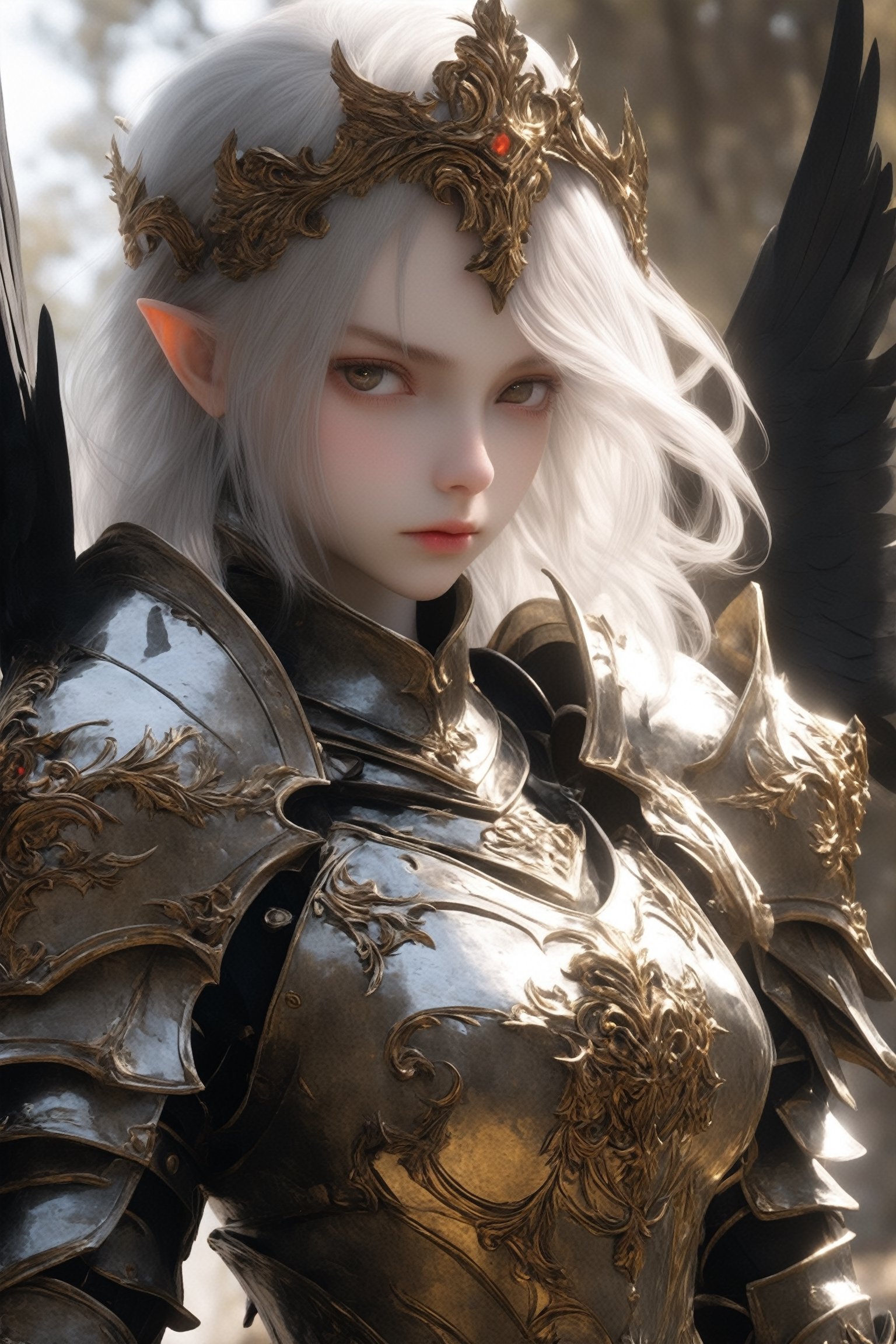 ultra Realistic,Extreme detailed,
1 girl, (masterful),((albino drow angel girl)),silver hair, slit pupil eyes,
girl Wearing Medieval black Knight Armor,Gold carved full plate Armor,
 best quality, highest quality, extremely detailed CG unity 8k wallpaper, ,ExStyle