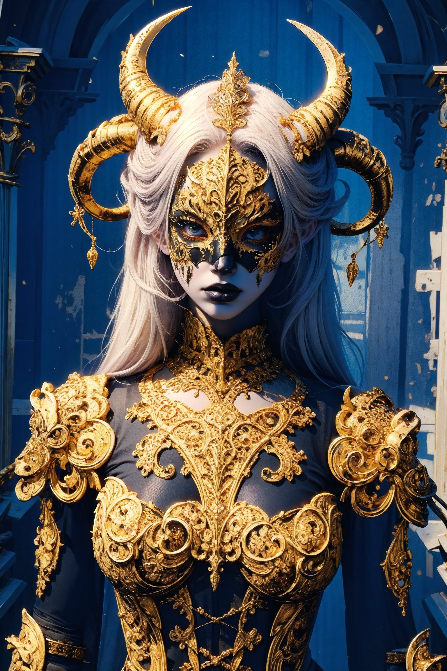 1girl,.albino demon little queen, (long intricate horns), a sister clad in gothic punk attire, face concealed behind a striking masquerade,Gold Embroidery,mask,themed,white_aesthetics,photorealistic,Masterpiece,Realistic,dark fantasy,z1l4,3va,Chromaspots,glowing gold