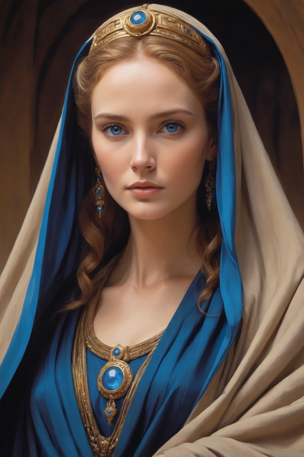 Lady Jessica, a prominent character in "Dune," is depicted as a commanding figure draped in a flowing robe that cascades from her head. Her attire, a symbol of her status and authority, billows around her as she moves, creating an aura of grace and elegance.Her piercing blue eyes, a striking contrast against her dark robes, captivate those who meet her gaze. Behind their beauty lies a depth of wisdom and determination, reflecting her inner strength and resolve.