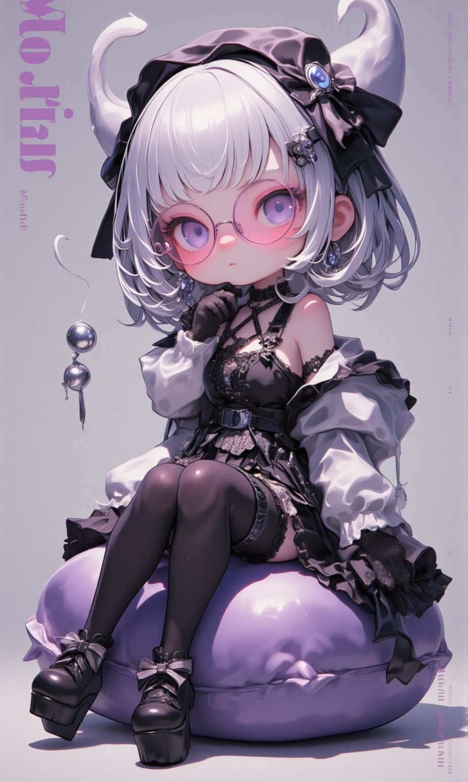 (Cute anime-style chibi figurine),3d figure,
Create a highly detailed figure, a cute girl sitting on a large cushion,Her outfit is Gothic Lolita style, featuring a black lace-trimmed dress with black ribbons and frills,wears pink-rimmed glasses,
She wears thigh-high stockings, black lace gloves, and platform shoes with ribbons,hair is styled in loose curls and adorned with a Gothic headdress, muted tones that complement the girl's elegant yet cute look,silver and purple accents to match her Gothic style,lyh,dal,create figure 2,