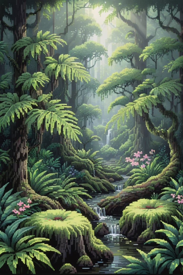 pixel art,
environment), (beautiful scenery)
Masterpiece, best quality, 8K, high res, ultra-detailed,  amongst lush greenery, adorned by vibrant flowers, no humans, beautiful view, ultra-detailed, fine detailed, highly detailed, intricate, highly detailed, ultra-detailed, scenery, no humans, misty atmosphere, solitary, intricate details, delicate features, verdant trees, soft moss, deep forest, intricate leaves and vines, wisps of light, verdant green, ,wild nature oil painting,