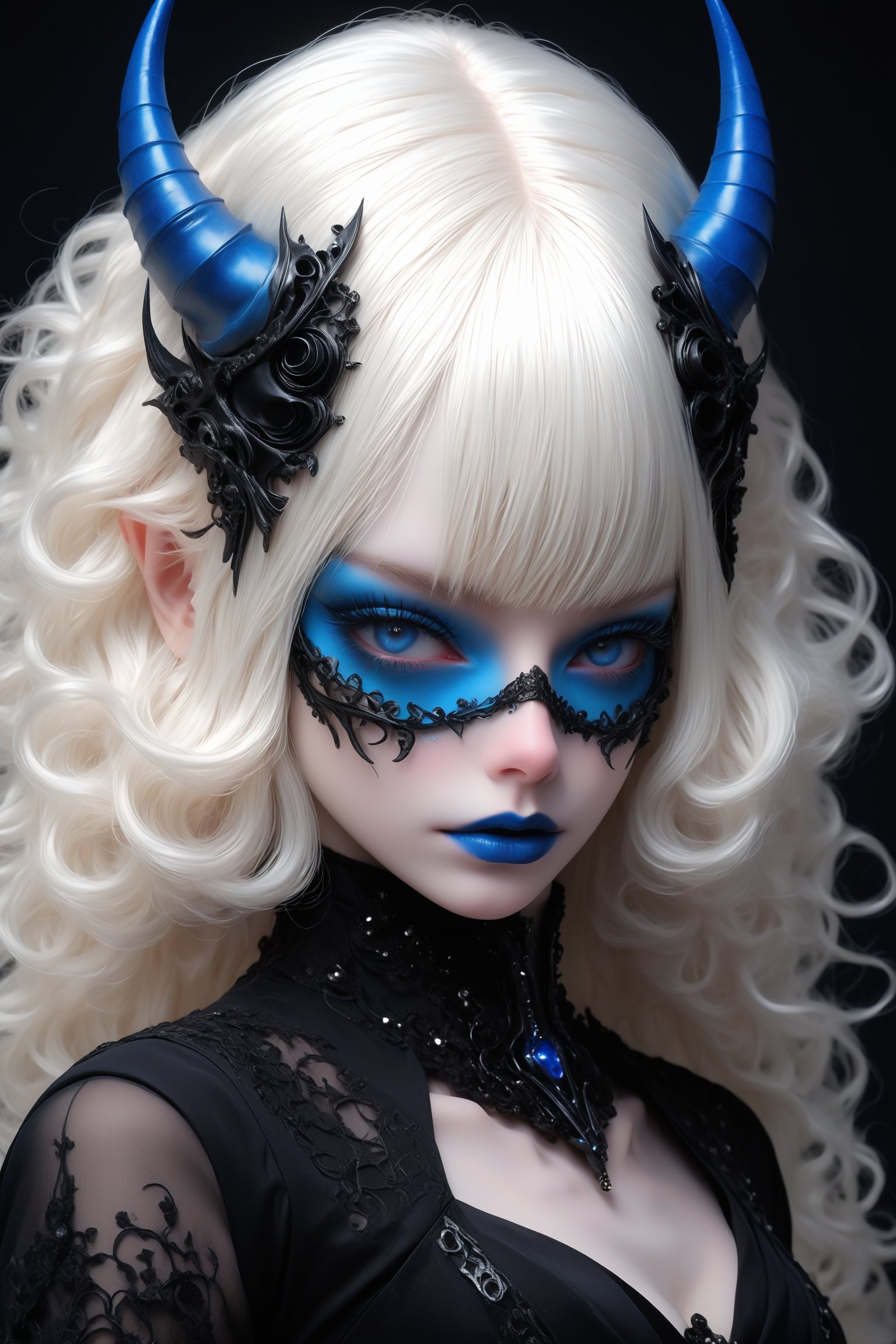 albino demon Princess,Beautiful blue eyes,(Long demon horn: 1.2),black metal mask with a geometric pattern,((mask))
,dressed in a cyberpunk-inspired Rococo dress. The doll features intricate joints, allowing for lifelike poses. Her dress merges the ornate elegance of Rococo with futuristic cyber elements. The fabric is a mix of rich silks and metallic materials, adorned with elaborate lace and digital patterns that glow subtly, while the skirt flares out in layers, combining traditional Rococo volume with sleek, modern lines. Her hair is styled in a powdered wig, interwoven with fiber optic strands, ,dark atmosphere,Mouth mask,black leotard,garter belt, glowy eyes