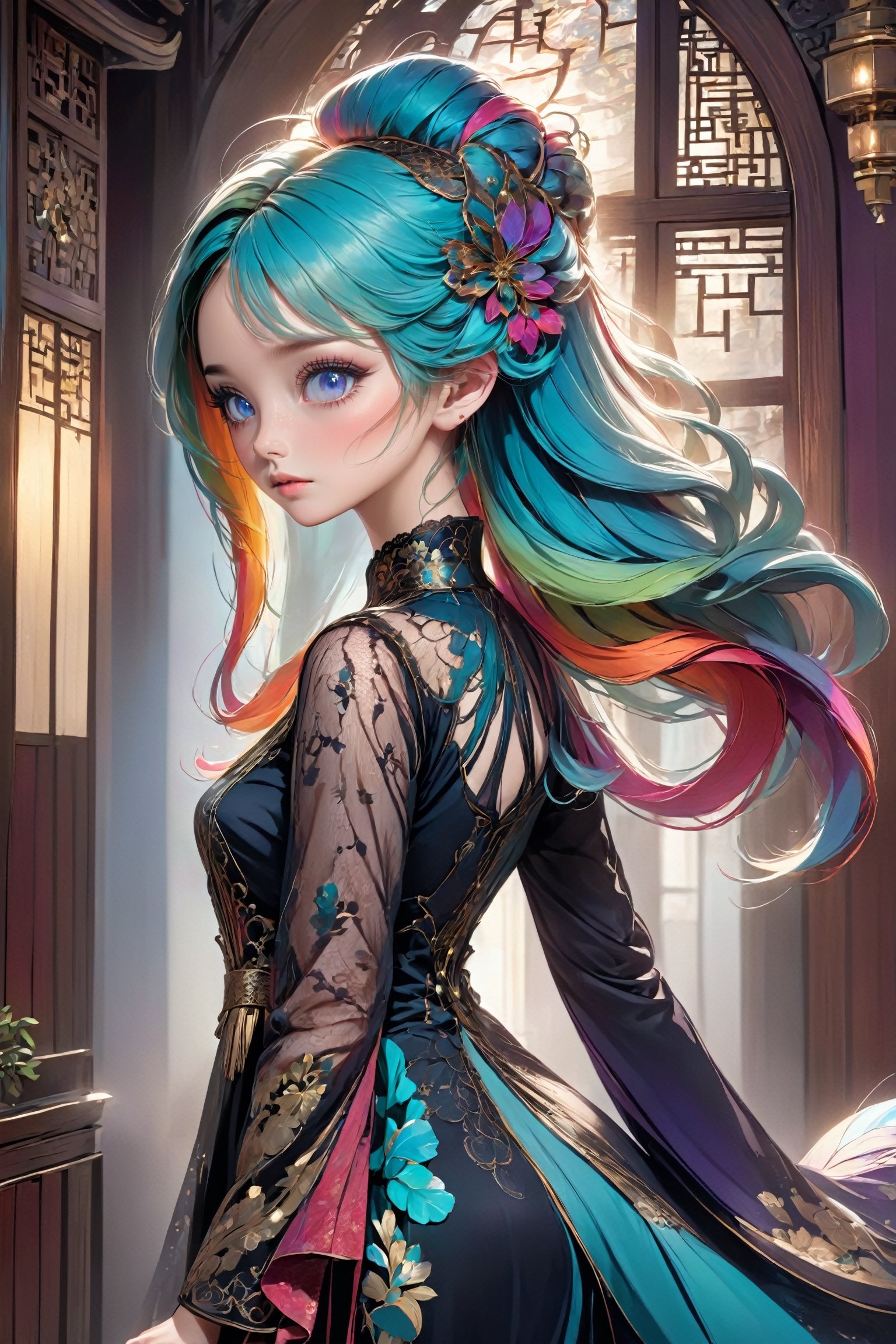 photo realistic,1girl, amazingly intricately hair,((colorful 7color hair)),
Picture an enchanting beauty adorned in a Gothic Art Nouveau-inspired Chinese dress, seamlessly blending the grace of traditional qipao with the intricate details of Gothic and Art Nouveau architecture. Capture the essence of her attire, featuring sleek lines, flowing silhouettes, and ornate embellishments reminiscent of both Gothic and Art Nouveau styles. Illuminate the scene with soft, ethereal lighting to accentuate the beauty of the woman and the intricate details of her dress, evoking a sense of timeless beauty and sophistication.,LinkGirl,ColorART,Rainbow haired girl ,make_3d,3d toon style,Realistic Blue Eyes