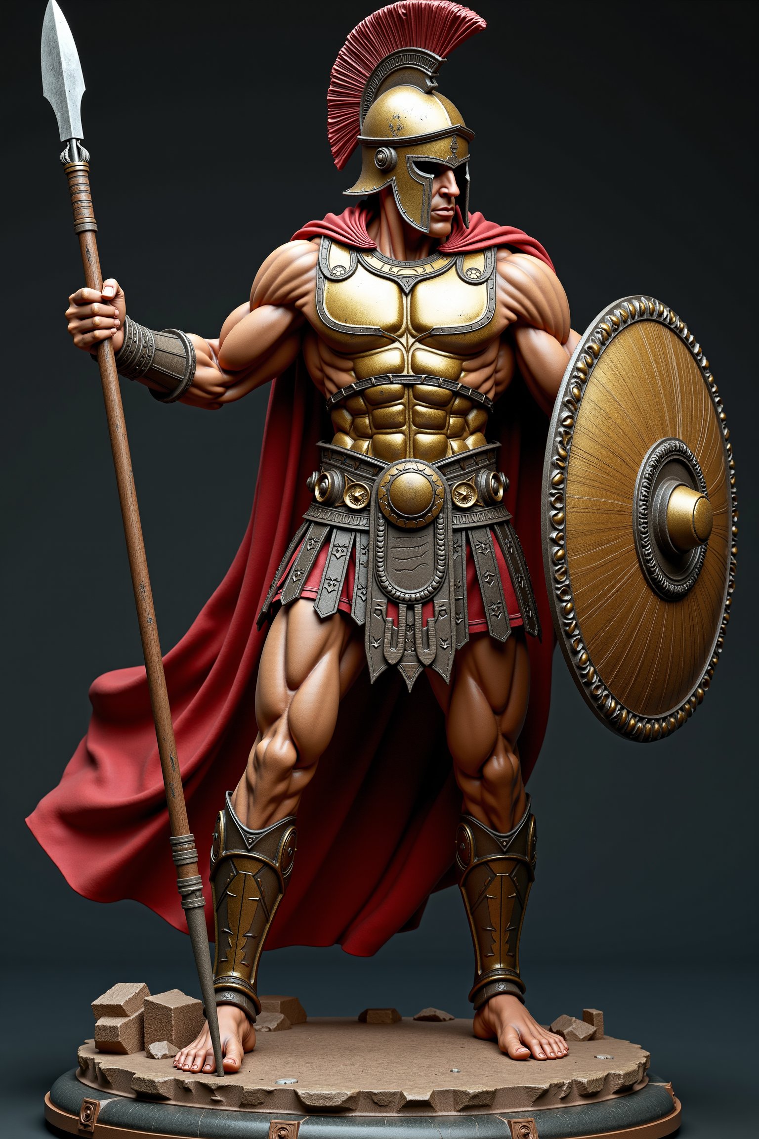 A meticulously crafted, high-end custom figure of a powerful Spartan soldier in mid-battle pose. The figurine showcases stunning detail in the muscle definition, with every sinew and vein meticulously sculpted. The soldier is clad in authentic Spartan armor, with a gleaming bronze chest plate, intricately carved greaves, and a flowing crimson cape. The helmet features a menacing crest, and the weathered shield bears the iconic Spartan Lambda symbol. The soldier holds a long, ornate spear in one hand and a battered, scarred sword in the other. Every aspect of the armor, from scratches to battle damage, is rendered in painstaking detail, making this Spartan soldier appear as if frozen in a dynamic, action-packed moment of history.