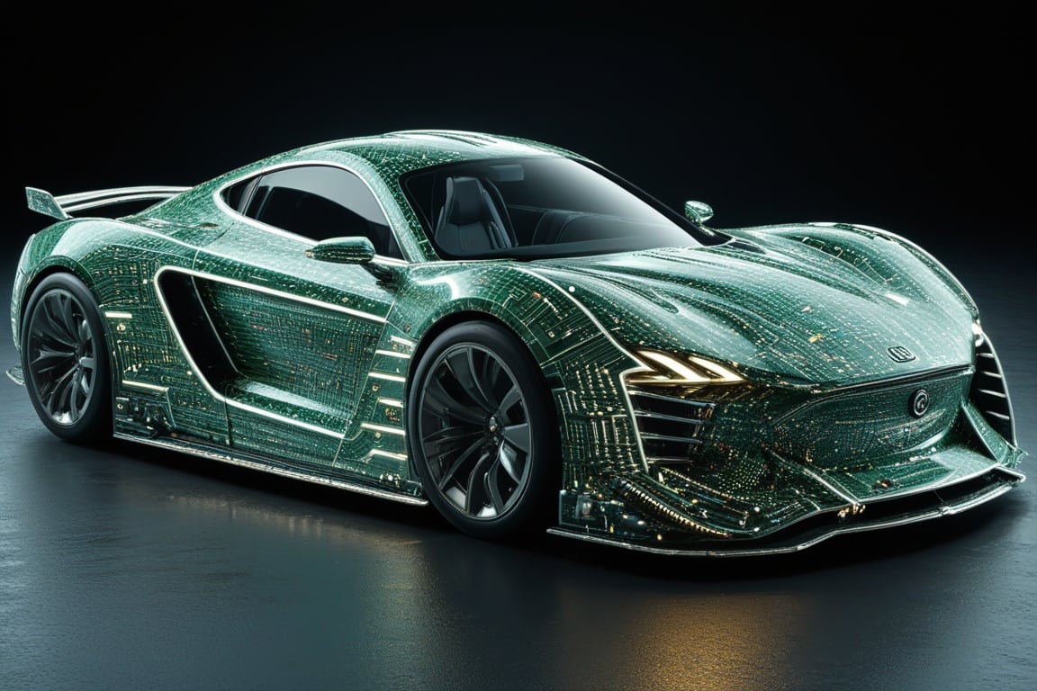 A sports car made entirely of circuit boards, exudes futuristic allure. Its body is adorned with sparkling LED lights, illuminating the road ahead with vibrant brilliance as it speeds into the future. Intricate circuitry weaves through the car's contours, shaping complex curves and aerodynamics for optimal performance. Equipped with state-of-the-art electronic control systems, it ensures high-speed stability and precision handling,circuitboard,DonMC1rcu17Pl4nXL,c_car