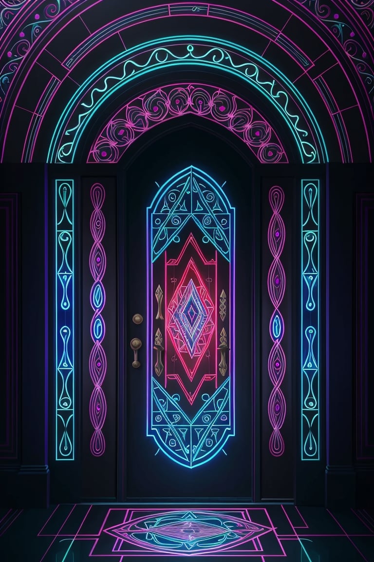 fantacy game , designed  a classic door for quantum dimention, colourful a mesmerizing acrylic painting showcases a neon-lit lighting paranormal a classis key quantum encryption.the main  subject of the painting is an intricate network of glowing, ethereal symbols and patterns floating in a vast, dark void , Roman style .