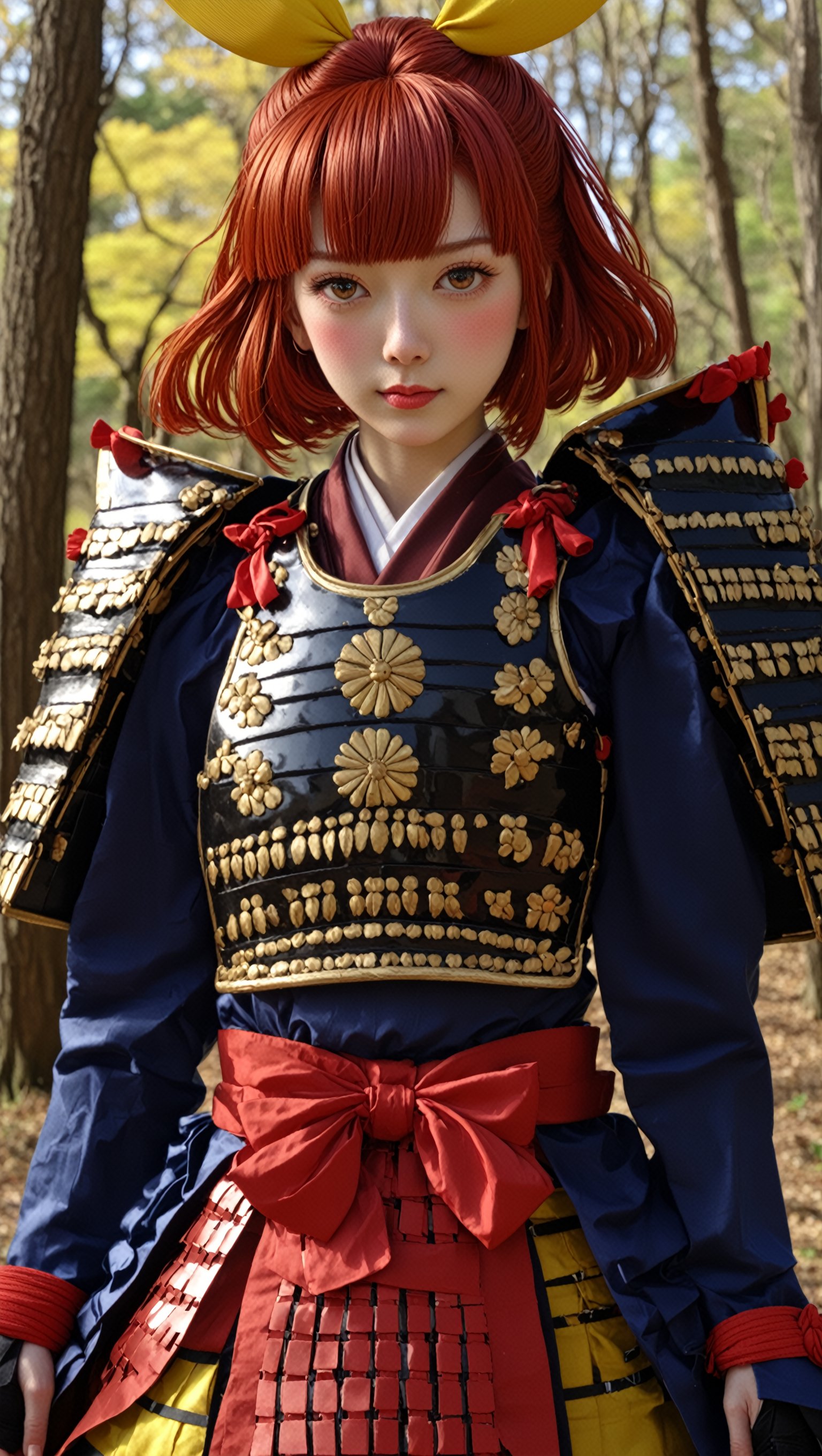 1girl,cute Face,dressed in samurai-style armor, She wears traditional Japanese armor reminiscent of a samurai,Blue coat, yellow hakama
,The design blends elegance with strength, portraying her as a warrior princess,(Large red head ribbon),
Adorning her head is with a faintly red ribbon tied, shining brightly,warrior,samurai
