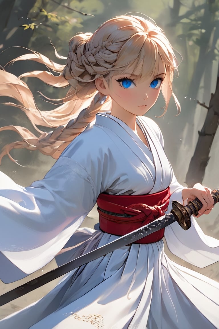 one girl,
A girl wearing pure white Japanese clothes, blue eyes, beautiful face, very delicately woven braided hair, incredibly complex braided hair, pure white Japanese clothes, red obi, white hakama, sword, sword and slashing at the enemy, the moment it takes,DonMM1y4XL,Expressiveh,concept art