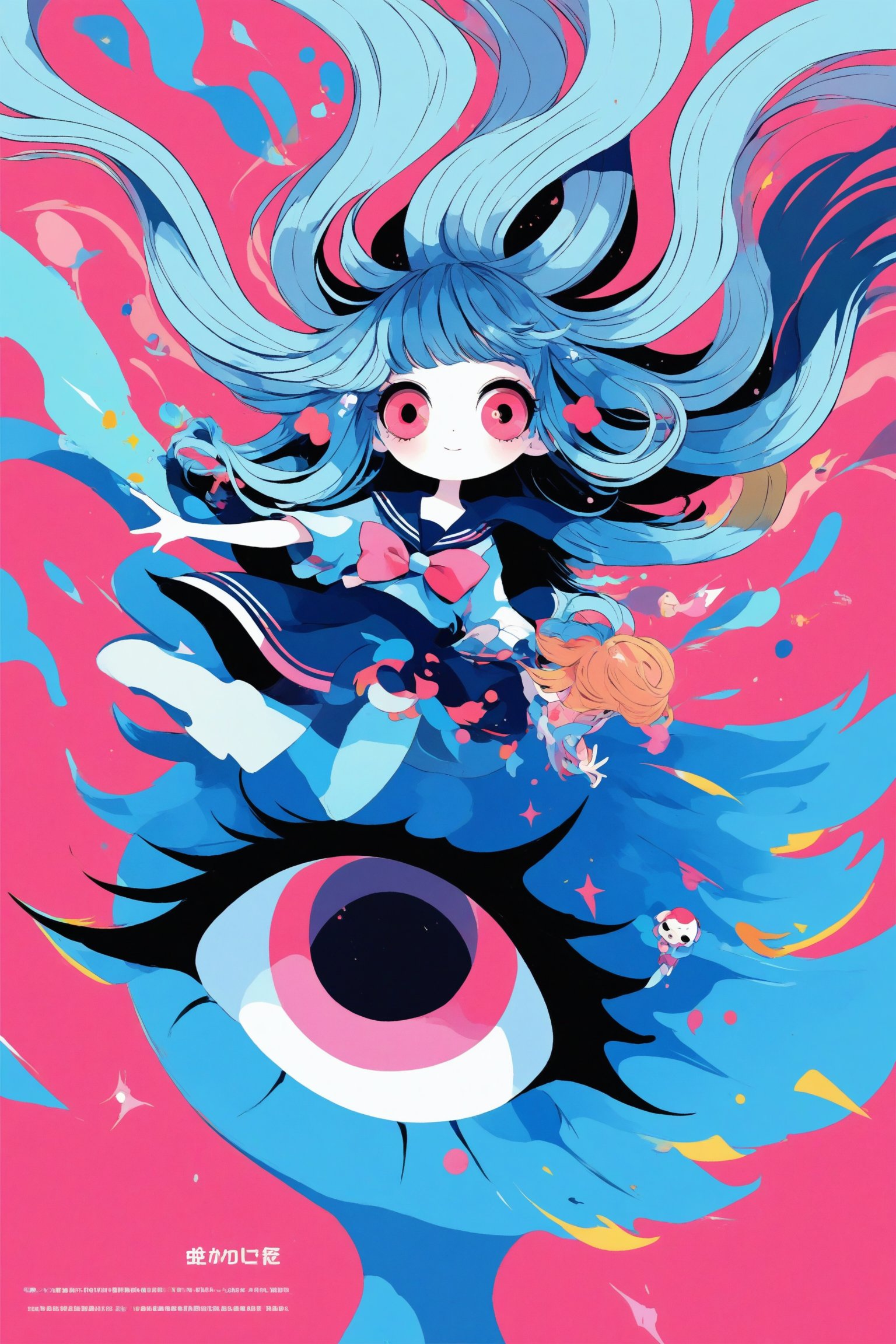 A kitschy and pop-style anime illustration,featuring an extremely deformed,1Girl,  girl in a sailor uniform,((exaggerated large eyes)), sparkling with excitement and an over-the-top, cheerful expression. Her sailor uniform is brightly colored with bold, contrasting hues and glittering accents. She has voluminous, flowing hair adorned with cute accessories like bows and stars. The background is vibrant and busy,gloriaexe,txznf,aestheticfi