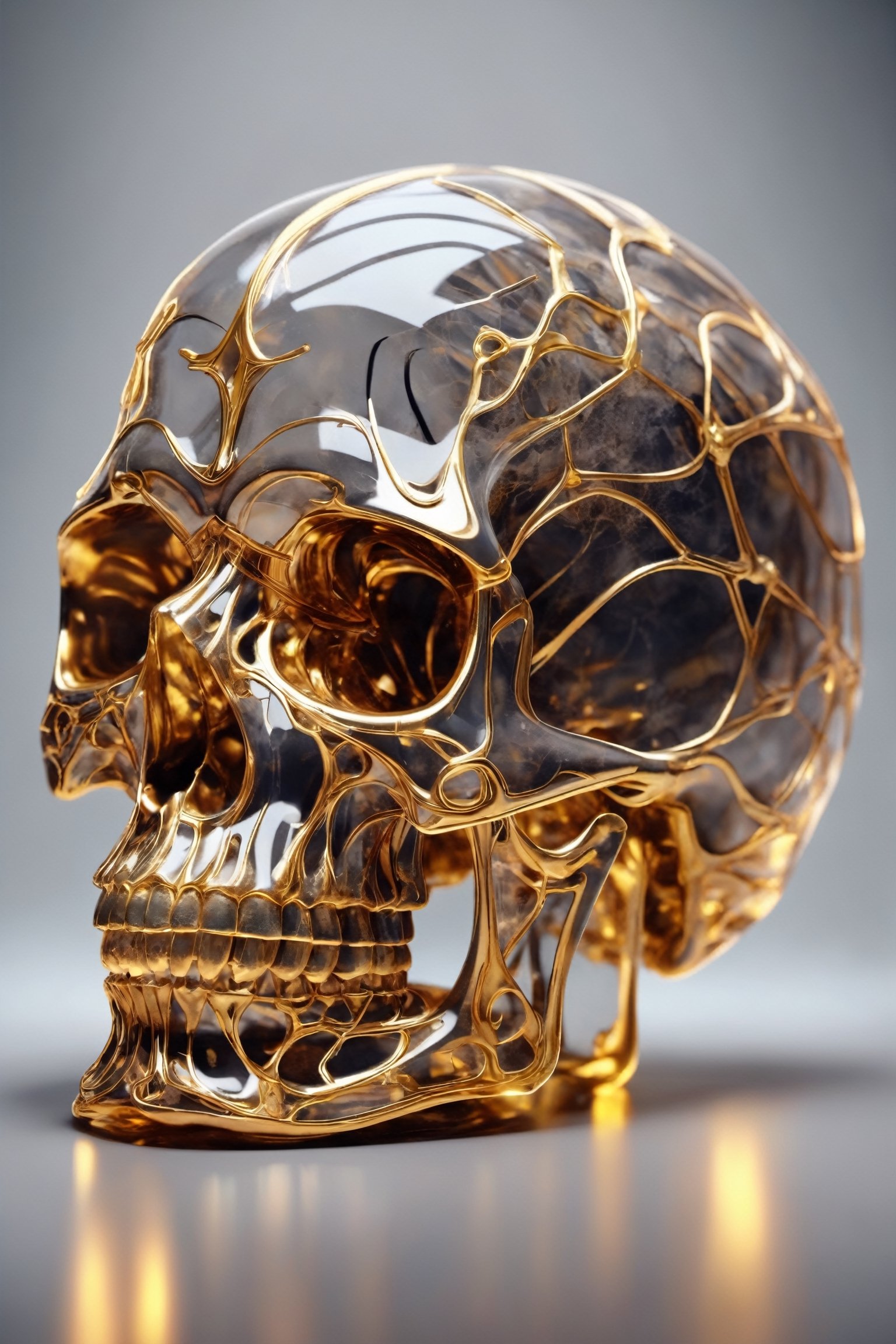 Skull made of crystal, beautiful atmosphere with golden lines, completely transparent bones,skll