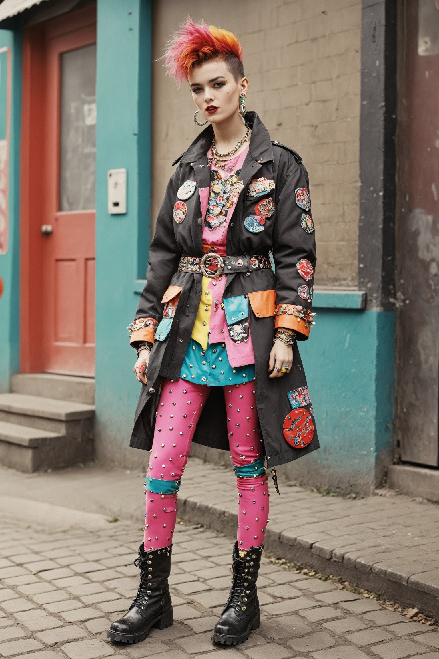 1man, vibrant and unconventional punk rock fashion, ensembles inspired by kitsch and maximalism, bold prints, clashing colors, oversized jackets decorated with whimsical patches, bright colors Unique accessories such as leggings, thick belts and decorative boots, spike studs,cinematic style