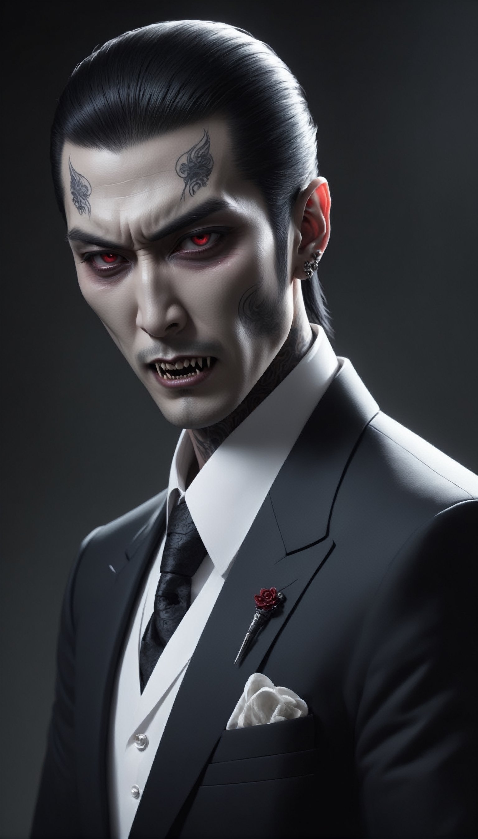 "Visualize a vampire exuding the aura of a Yakuza boss, blending the elegance of the undead with the ruthless demeanor of a Japanese underworld figure. Clad in sleek, tailored suits adorned with intricate tattoos, this vampire commands respect and fear alike. His pale complexion and piercing gaze hint at his supernatural nature, while the traditional Yakuza symbols woven into his attire pay homage to his roots. With each step, he exudes an air of authority and danger, embodying the perfect fusion of vampiric allure and Yakuza sophistication."