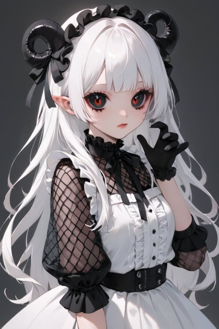 Shoujo manga style,1girl,ultra cute, Harajuku Style grunge fashion with kawaii and Lolita themes, albino demon girl,(pure white long hair),(black sclera;1.2),luxury mesh fishnet blouse,dal-1,ct-niji2,black hands