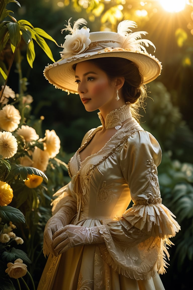 A stunning depiction of a woman wearing an intricately detailed 19th century morning dress that exudes luxury and elegance. Wearing a wide-brimmed hat adorned with feathers, silk and a string of pearls, reminiscent of the luxurious fashions of the Dynasty, she stands in a lush garden illuminated by the golden light of the morning sun. Masu. Perched delicately in her outstretched hand is a lively bird, a beauty that captures the essence of 19th century elegance and splendor.