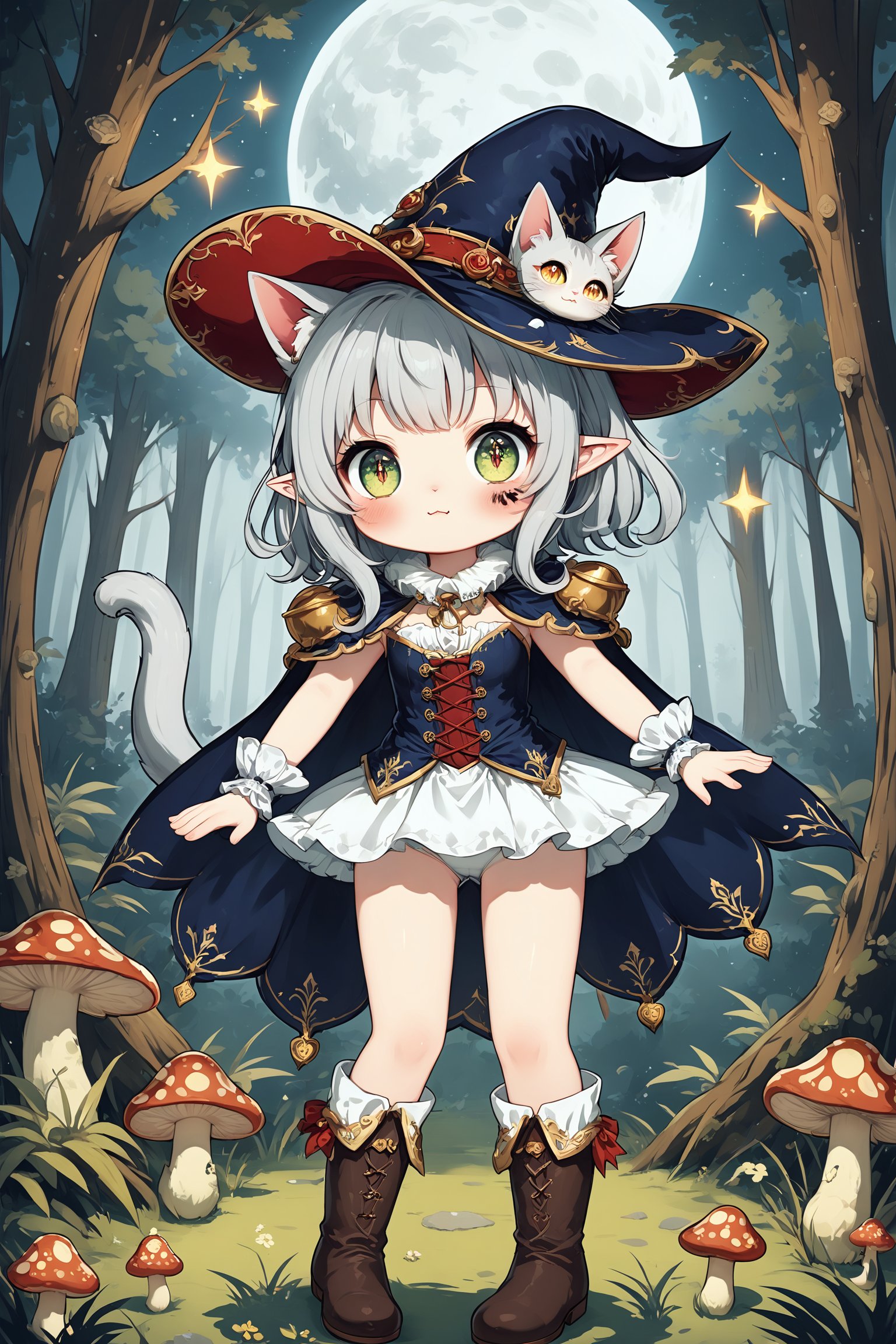 Cute fairy cat,Adorable Cait Sith fairy, dressed as Early Modern European musketeer, feline features with mystical aura, large expressive eyes, whiskers, pointed ears, wearing plumed cavalier hat, ornate doublet with lace collar, cape, breeches, and tall boots,magical sparks around paws, forest glade background with mushroom circles, misty atmosphere, moonlit scene, detailed fur textures, blend of photorealism and whimsical fantasy style,dal-6 style,nanachi,emo