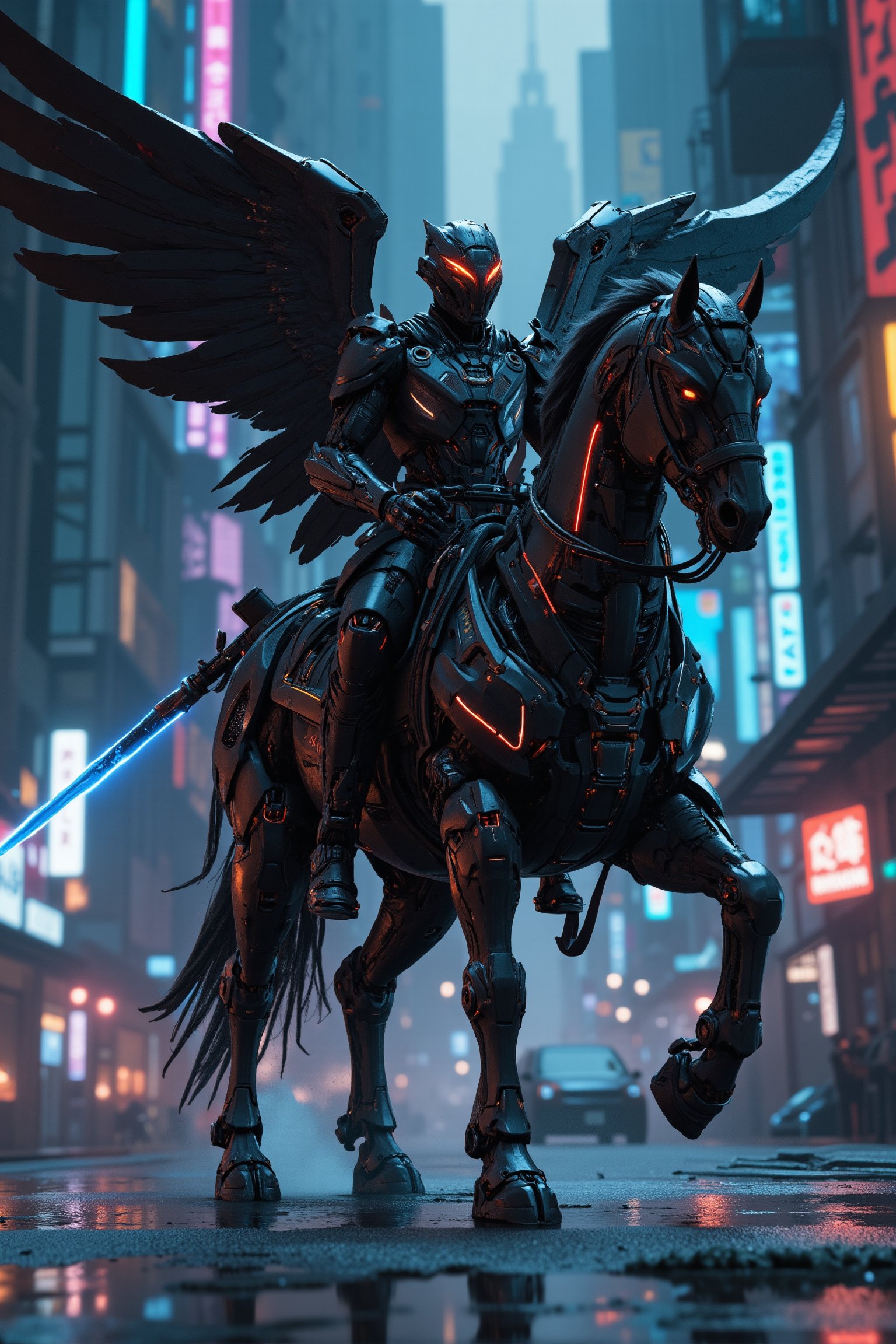 Cyberpunk-style knight on a cyborg horse, digital art. Sleek black cyber-suit with glowing neon blue accents. Imposing black helmet with tinted visor, displaying holographic HUD. Mechanical wings on the back, folded, made of black carbon fiber with exposed circuitry. The cyborg horse is a fusion of organic and mechanical parts, with visible hydraulics and armor plating. Neon lights trace the horse's muscular structure. The knight wields an energy lance, crackling with electricity. Urban night backdrop with towering skyscrapers and flying vehicles. Rain-slicked streets reflect neon signs. Atmosphere is gritty and high-tech. Hyperdetailed textures on the armor and horse's cybernetic parts. Color palette dominated by blacks, silvers, and electric blues. Dynamic pose, suggesting movement and power. Lighting emphasizes the contrast between shadow and neon glow.,Angelic Knight,F-GVA Armour Suit,FuturEvoLabNinja,demonic sword