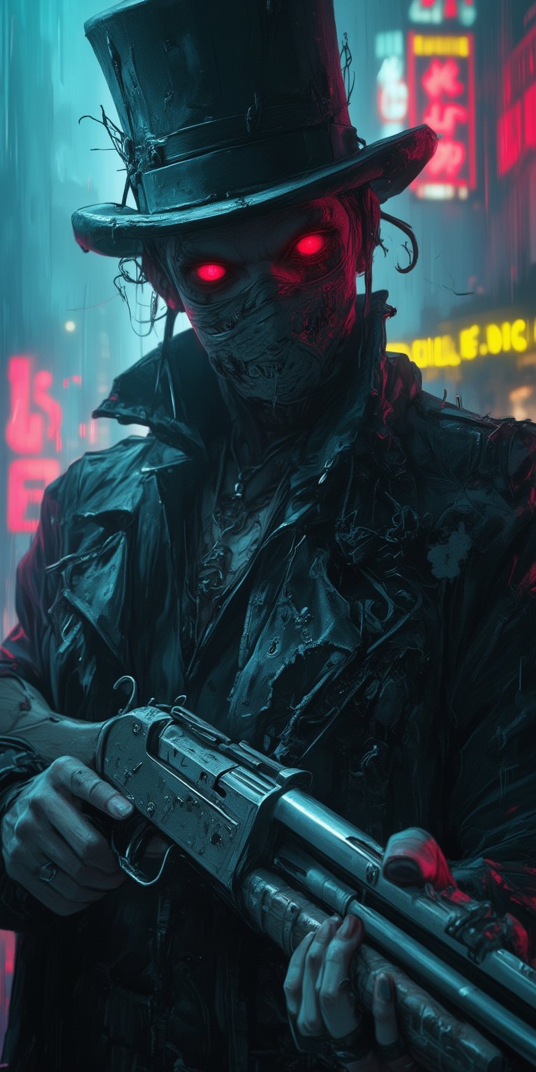 A cyberpunk zombie man wears a black top hat, a bandaged face, a bandaged body and a tattered black cyber jacket with a neon circuit pattern and exposed wiring. Red glowing eyes are visible through the bandages. He holds an antique double-barreled shotgun with rusted metal and worn wooden stock, side-by-side barrel shotgun, Winchester M21, rotting flesh is visible through the bandages. Neon lit rainy street background. Spooky atmosphere, futuremadness,dal,SKAVEN,RPG