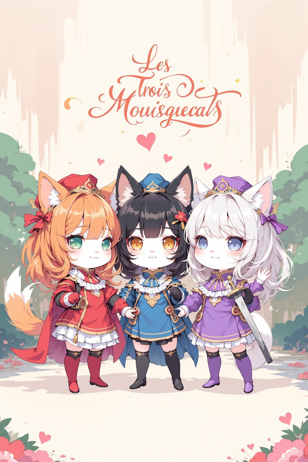 Cute anime-style illustration of three cat girl musketeers. Anthropomorphic feline characters with human bodies and cat ears, tails. Each girl wears a unique, colorful musketeer outfit: plumed hats, ruffled shirts, capes, and boots. First musketeer: orange tabby features, green eyes, red outfit. Second: black fur, yellow eyes, blue outfit. Third: white fur, blue eyes, purple outfit. All hold rapiers playfully. Whimsical expressions, mix of elegance and mischief. Background: stylized French château garden. Soft, pastel color palette. Chibi proportions: large heads, big eyes, small bodies. Fluffy tails peeking from beneath capes. Whiskers and pink noses visible. Sparkles and heart effects for added cuteness. Dynamic poses showing unity and friendship. Combination of 17th century and modern kawaii aesthetics. Detailed fabric textures on outfits. Logo 'Les Trois Mousquecats' in fancy script.,flat colors