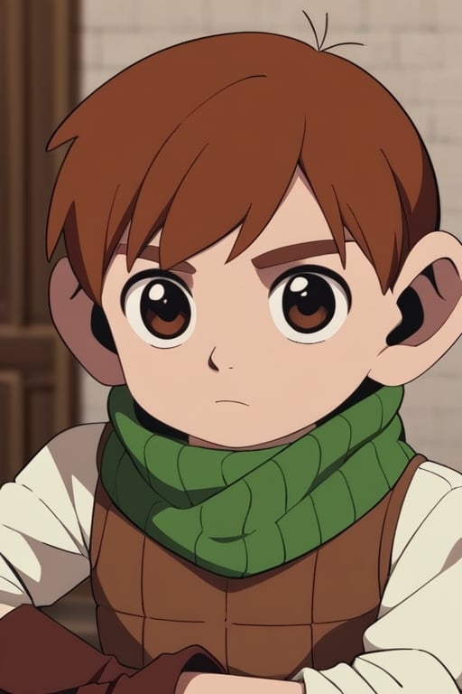 score_9, score_8_up, score_7_up, score_6_up, 1 Little boy,chilchuck tims, brown hair, brown eyes, leather gloves, green scarf, long sleeves, sleeves rolled up, brown vest, game cg, best quality, amazing quality, best aesthetic, absurdres, solo ,score_9_up,chibi