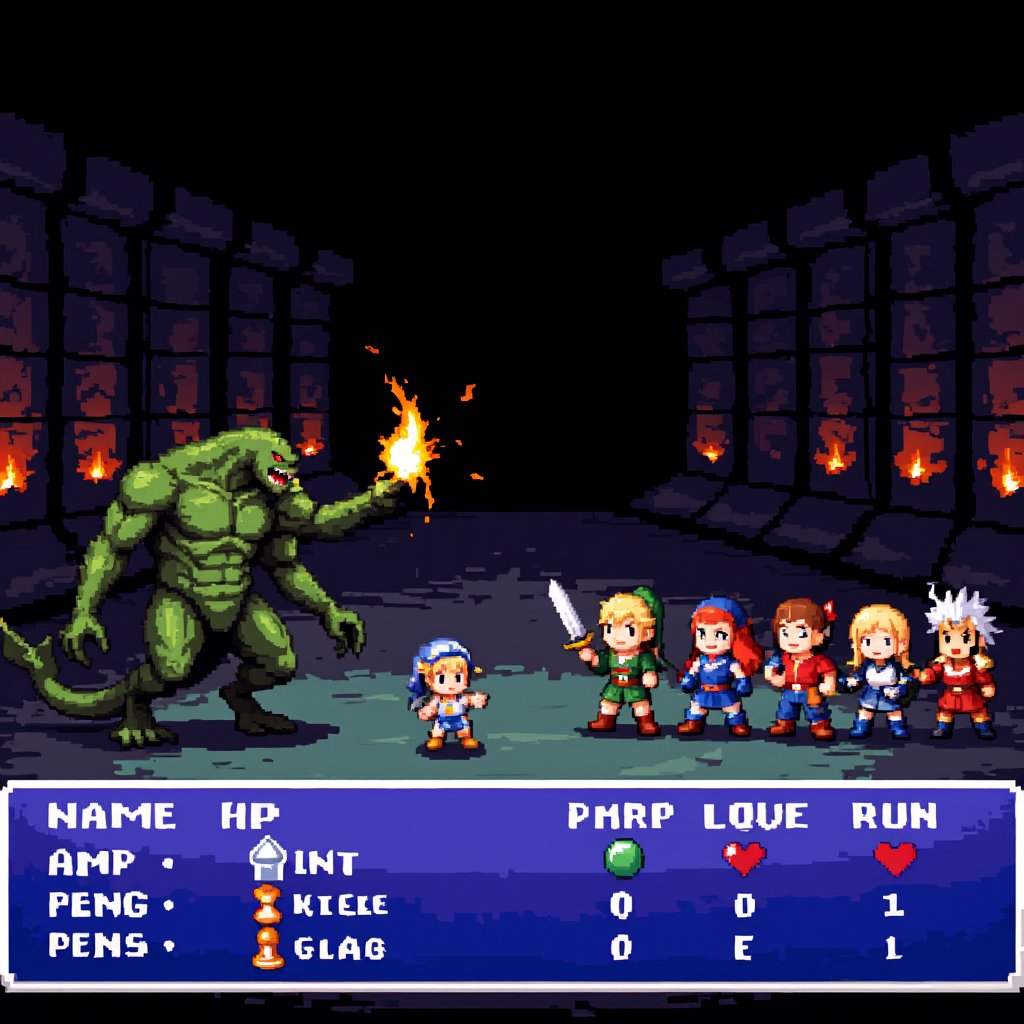 A pixelated battle screen from the Super Nintendo version of Final Fantasy showcases a turn-based combat sequence. In this scene, a party of four characters standing in a vertical line on the right side of the screen face off against a monstrous foe on the left. Each character is depicted in vibrant pixel art equipped with a sword, staff, and armor, and their sprites are detailed and classic in the 16-bit style. The background depicts a dark, eerie dungeon with stone walls and flickering torches.

A menu at the bottom of the screen displays the character's name, hit points (HP), and magic points (MP), as well as options such as "attack," "magic," "item," and "run." The turn-based nature of the game is reflected in the status bar as the player selects an action for each character. Enemies such as dragons and large ogres are detailed with menacing poses and sharp, colorful pixel art. The overall aesthetic captures the iconic look of early Final Fantasy games, blending fantasy and adventure in a nostalgic 16-bit format.
,Pixel Art